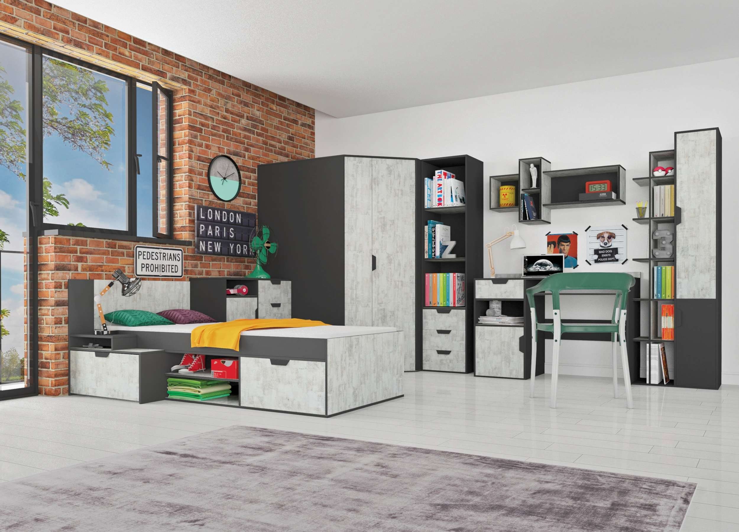 (Sideboard, Kinderschrank) Design mit Enigma Stauraum, Graphit Stylefy Kinderkleiderschrank Schubladen, Krona viel Modern FSC-Zertifizierung,