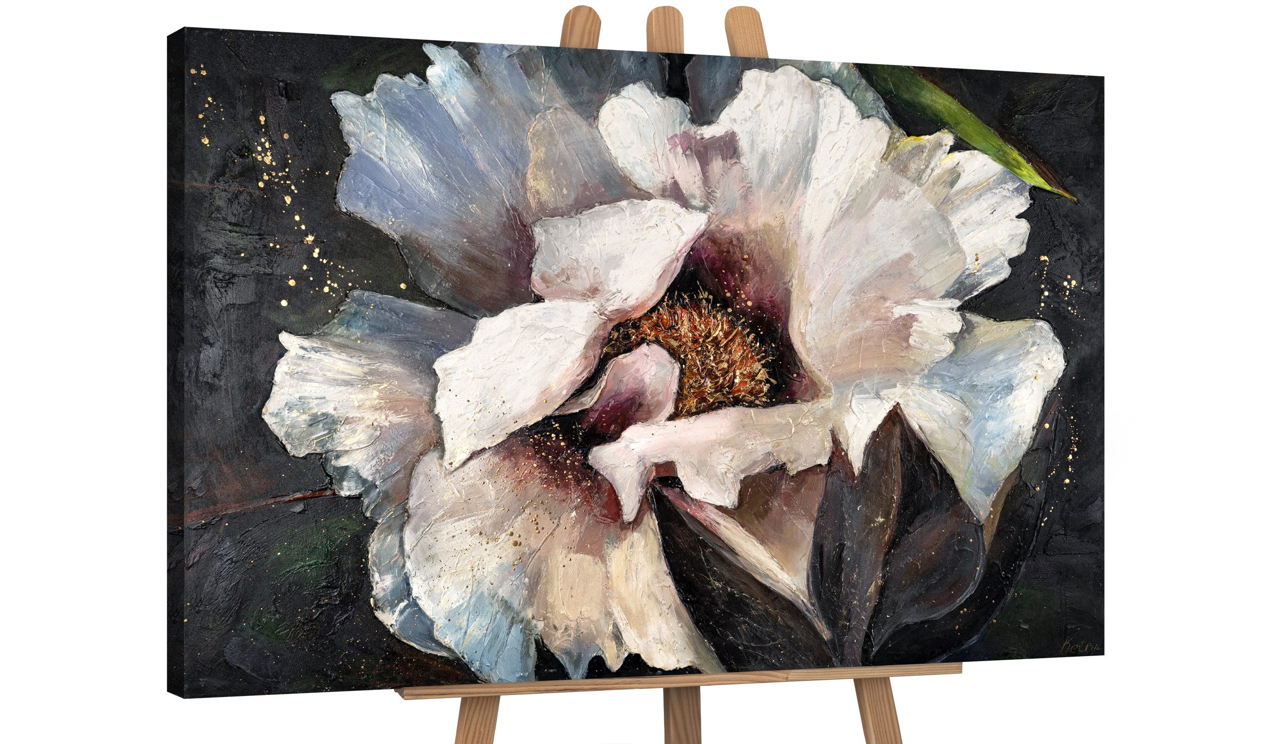 YS-Art Gemälde Pfingstrosen II, Blumen, Goldene Pfingstrose Blumen Leinwand Bild Handgemalt Schwarz