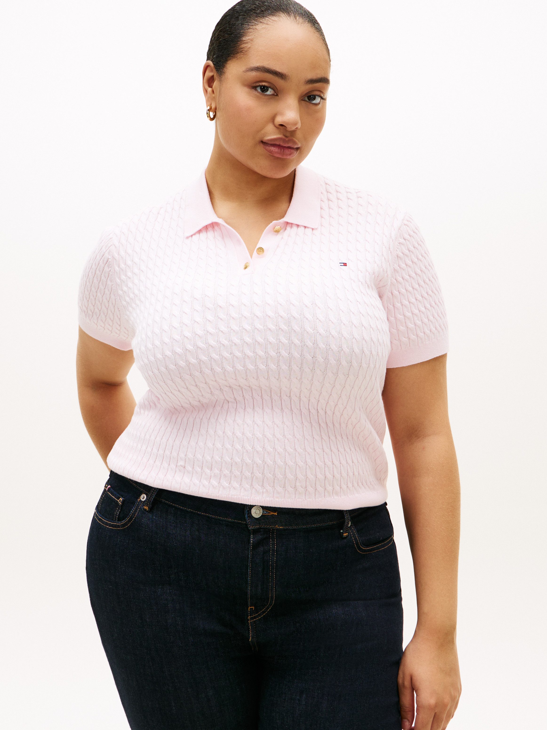 Tommy Hilfiger Curve Polokragenpullover CRV CO CABLE FINE GG POLO S/S in großen Größen, mit Zopfmuster