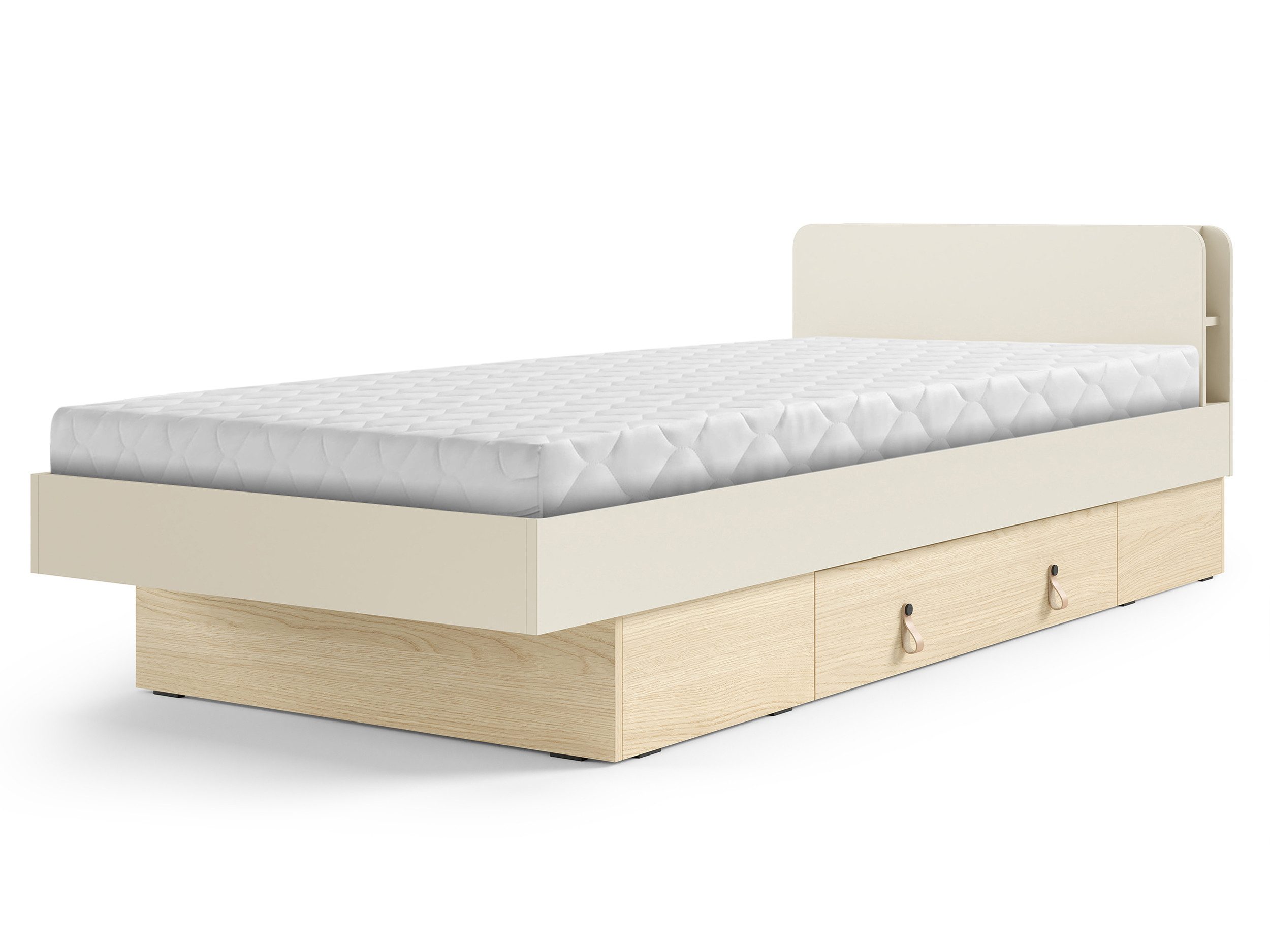 Beautysofa Jugendbett SORELLA 90 × 200 cm mit Lattenrost und Bettkasten-Schublade (Porcini oder Macadamia mit Eiche Mavelie, Einzelbett mit wählbarer Auszugseite), wahlweise ohne Matratze oder mit MEDIRO CORE