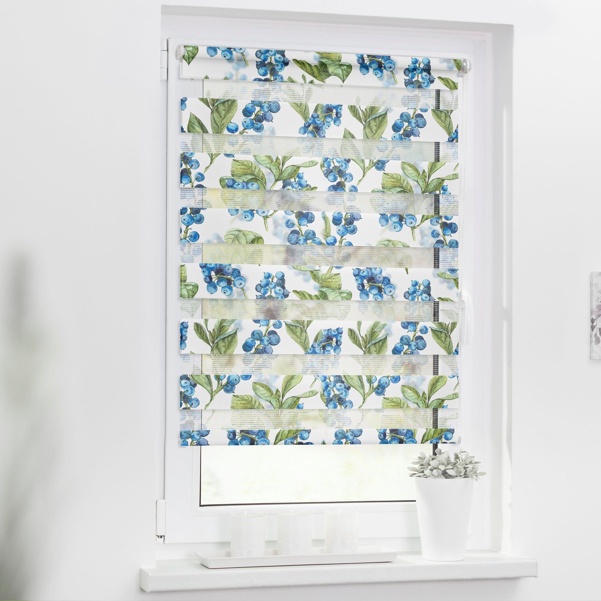 Doppelrollo Duo Rollo Motiv Heidelbeere, LICHTBLICK ORIGINAL, Lichtschutz, ohne Bohren, freihängend, Klemmfix, bedruckt