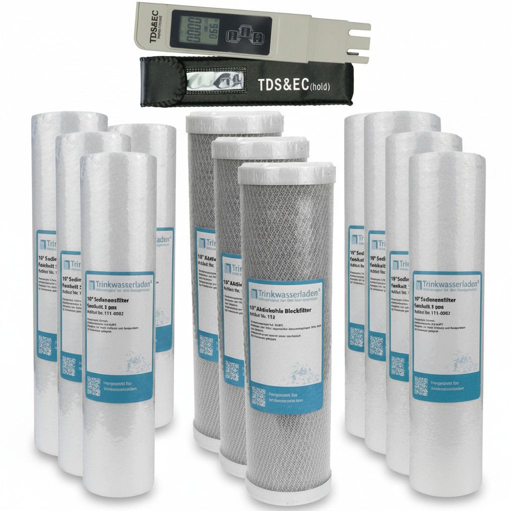Trinkwasserladen Filtereinsatz, Filterset 10" 9-teilig 1,5 Jahre + Wassertester TDS/EC - Umkehrosmose