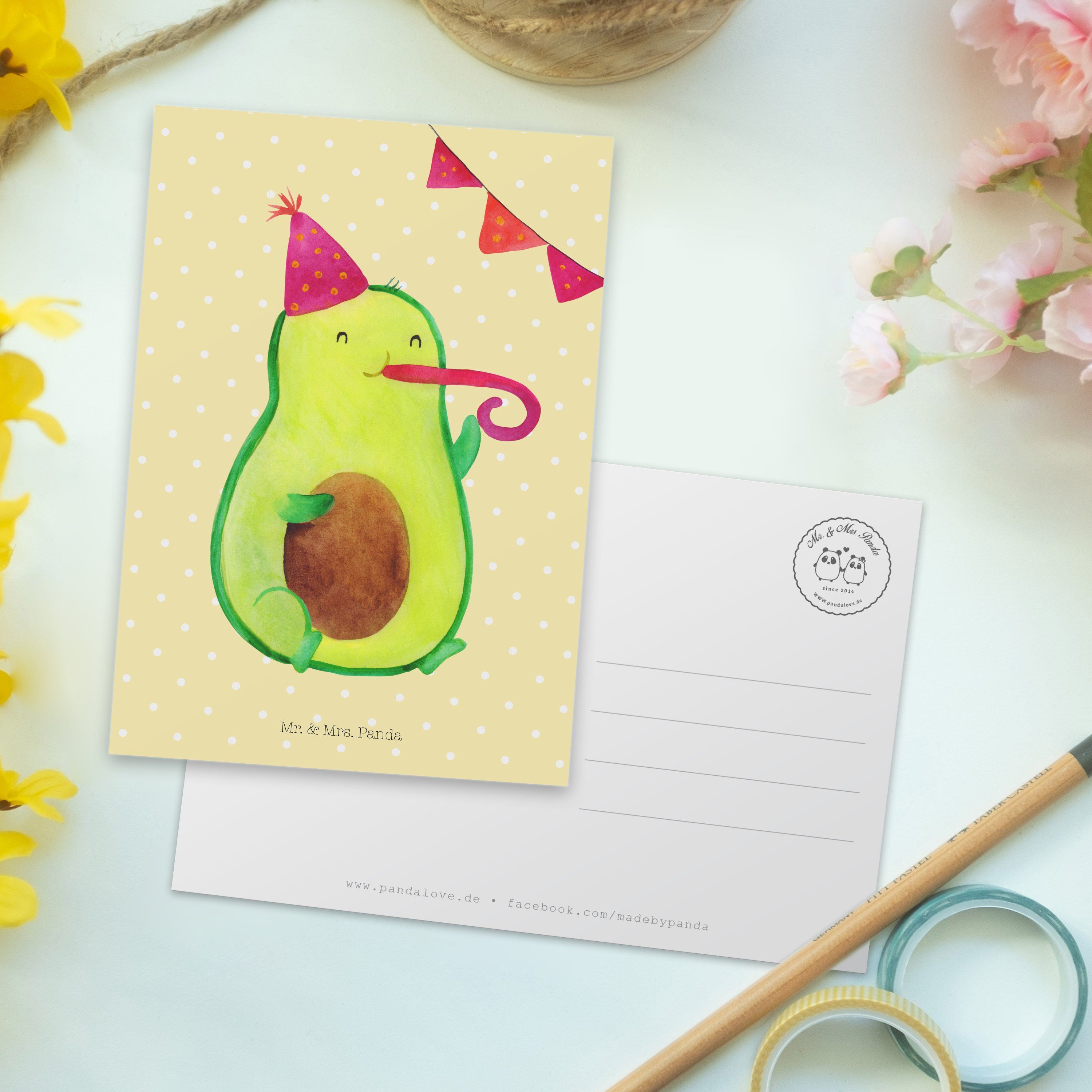 Mr. & Mrs. Panda Geschenk, Pastell Party Lieblingstag, Einladungskart - - Gelb Avocado Postkarte