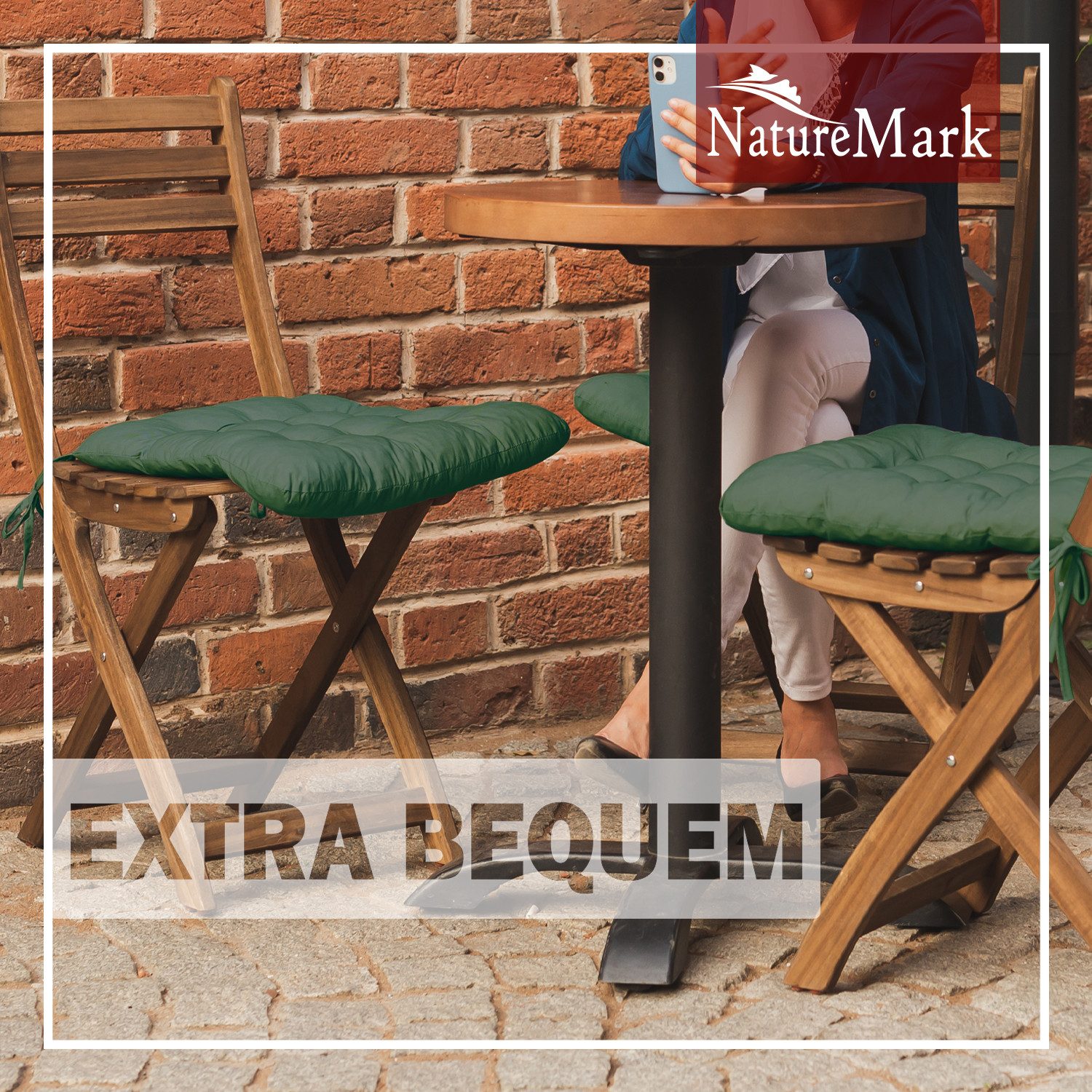 NatureMark Sitzkissen 4er-Set Stuhlkissen 40x40cm mit Bändern, Sitzpolster Kissen 4er Pack, schadstoffgeprüft, Dunkel grün