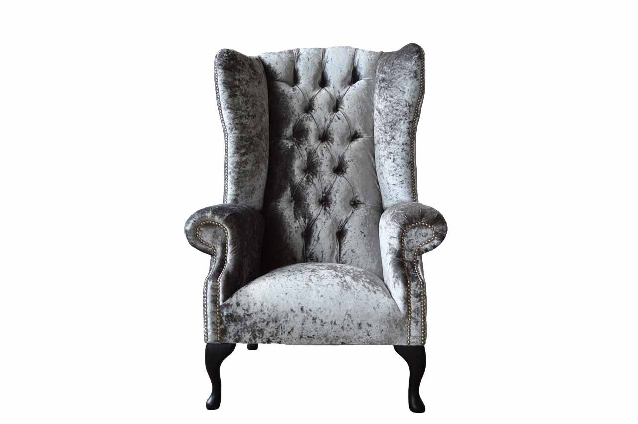 JVmoebel Ohrensessel HANDMADE CRUSHED SILVER VELVET CHESTERFIELD WING ARMCHAIR | Ohrensessel