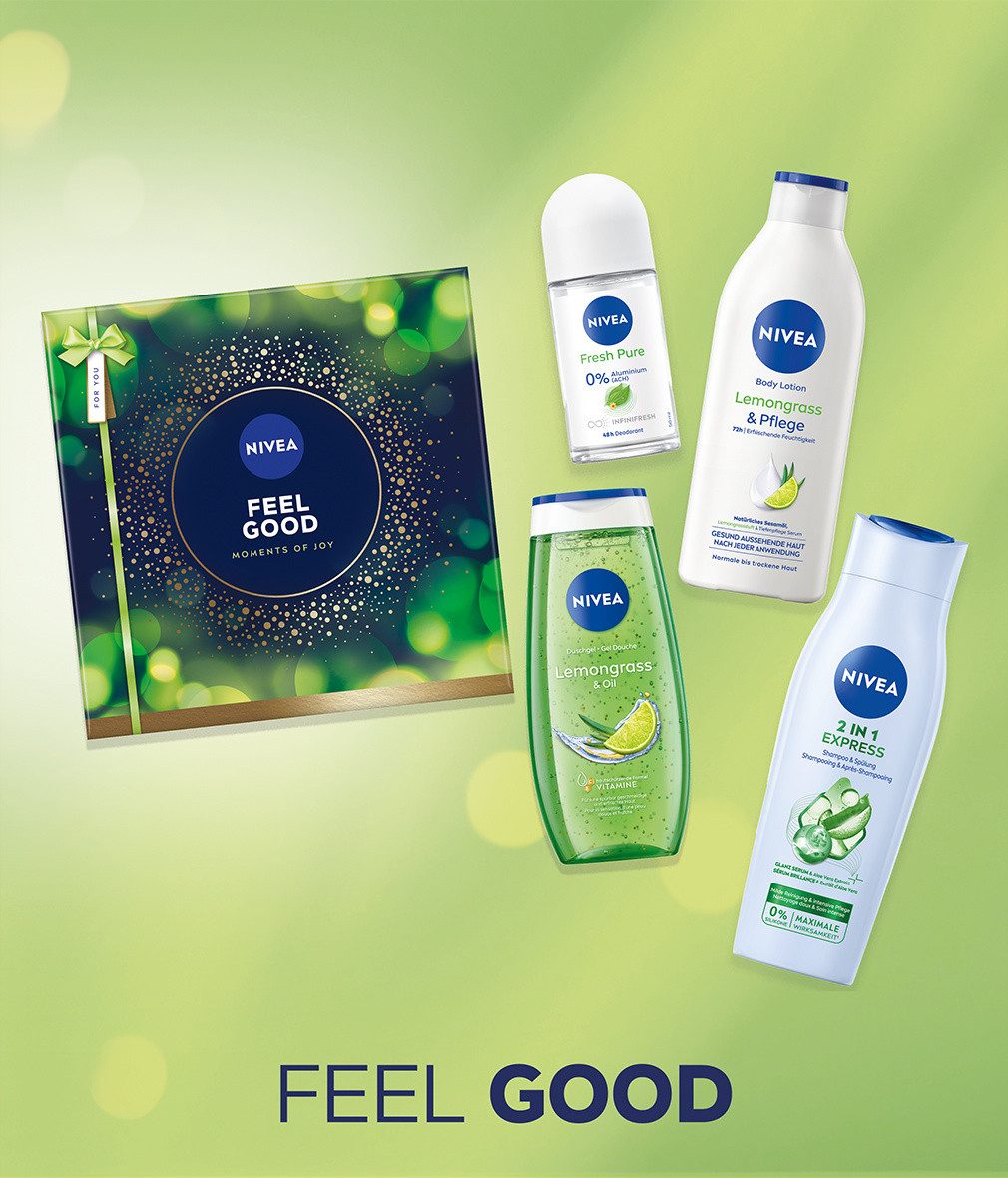 Nivea Hautpflege-Set Feel Good Geschenkset 4-teilig Duschgel Shampoo Body Lotion Deo Pflege Geschenkset, 4-tlg., 4-teiliges Geschenkset für die tägliche Pfleger – Bild 2 von 5