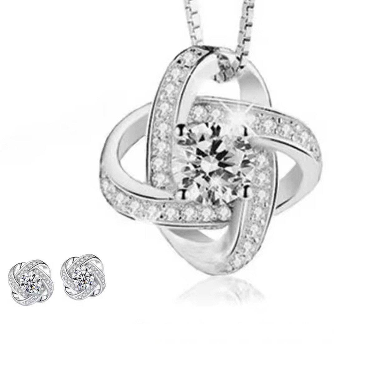Ohrring und Ketten Set Silberkette + Ohrringe dreifach Ring Anhänger Zirkonia Ohrstecker