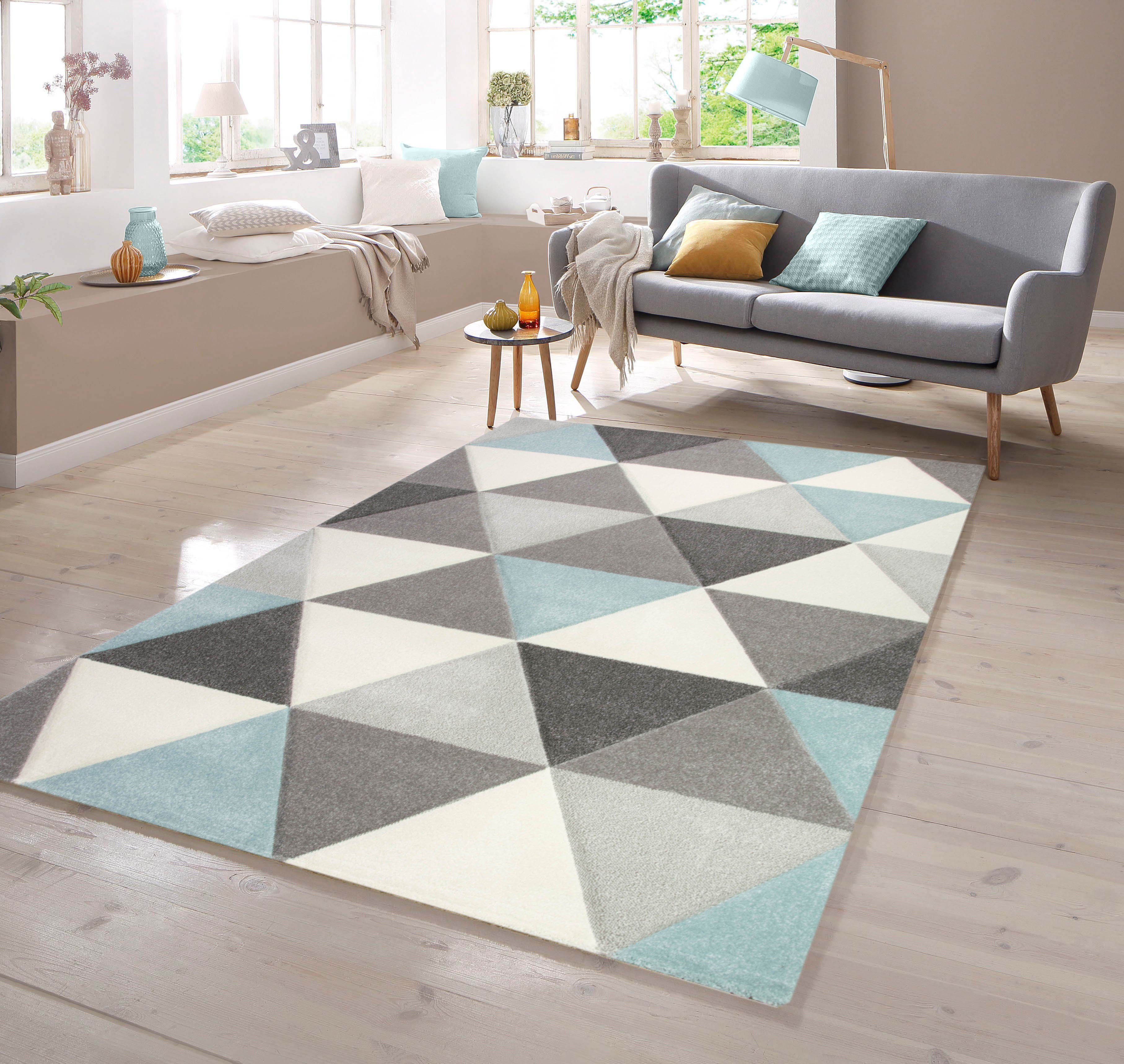 Teppich Teppich mit Dreieck Muster in Blau Grau Creme, TeppichHome24,  rechteckig
