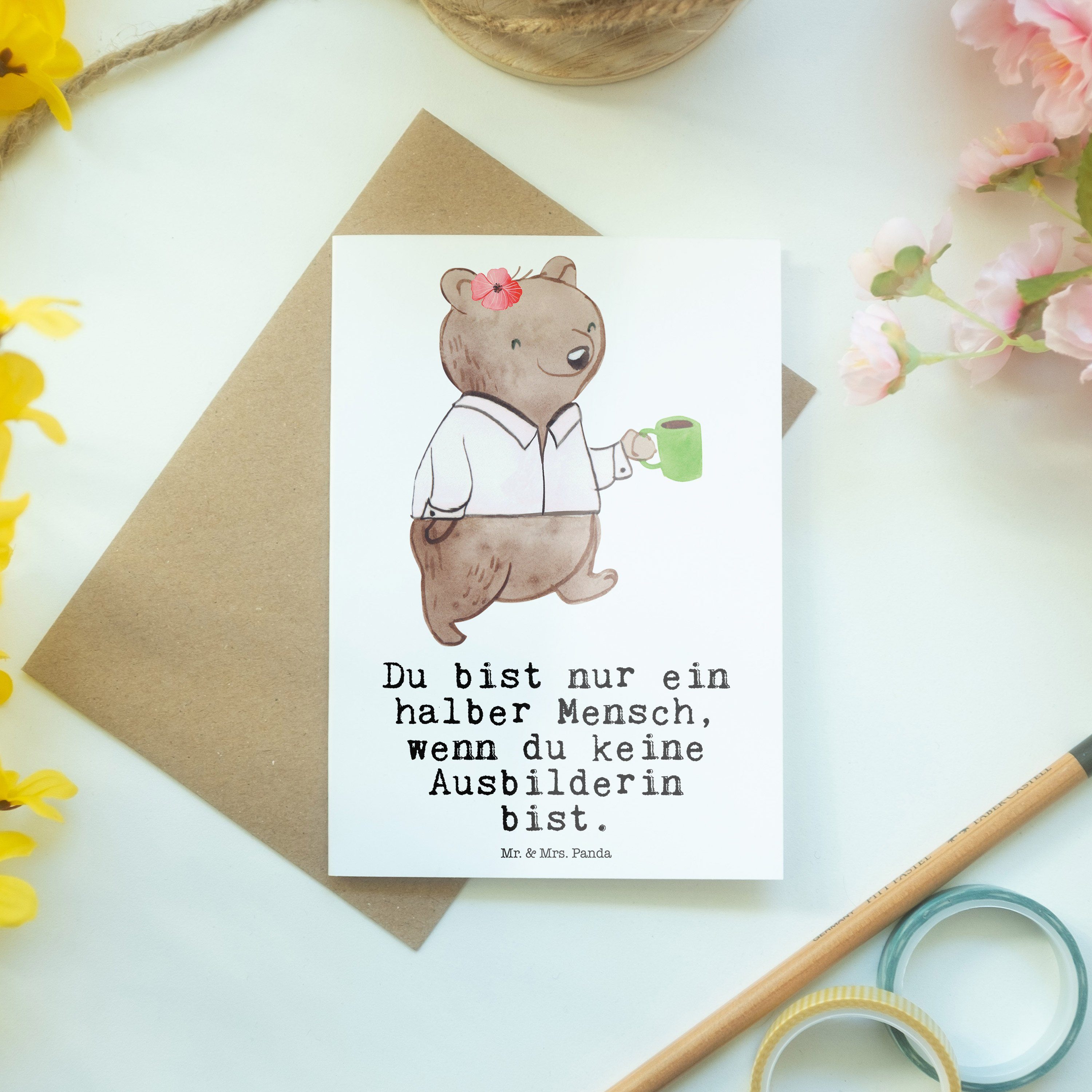 - Mr. Geburtstagskarte, Grußkarte Montagmorge mit & Geschenk, Mrs. Panda Weiß Herz - Ausbilderin