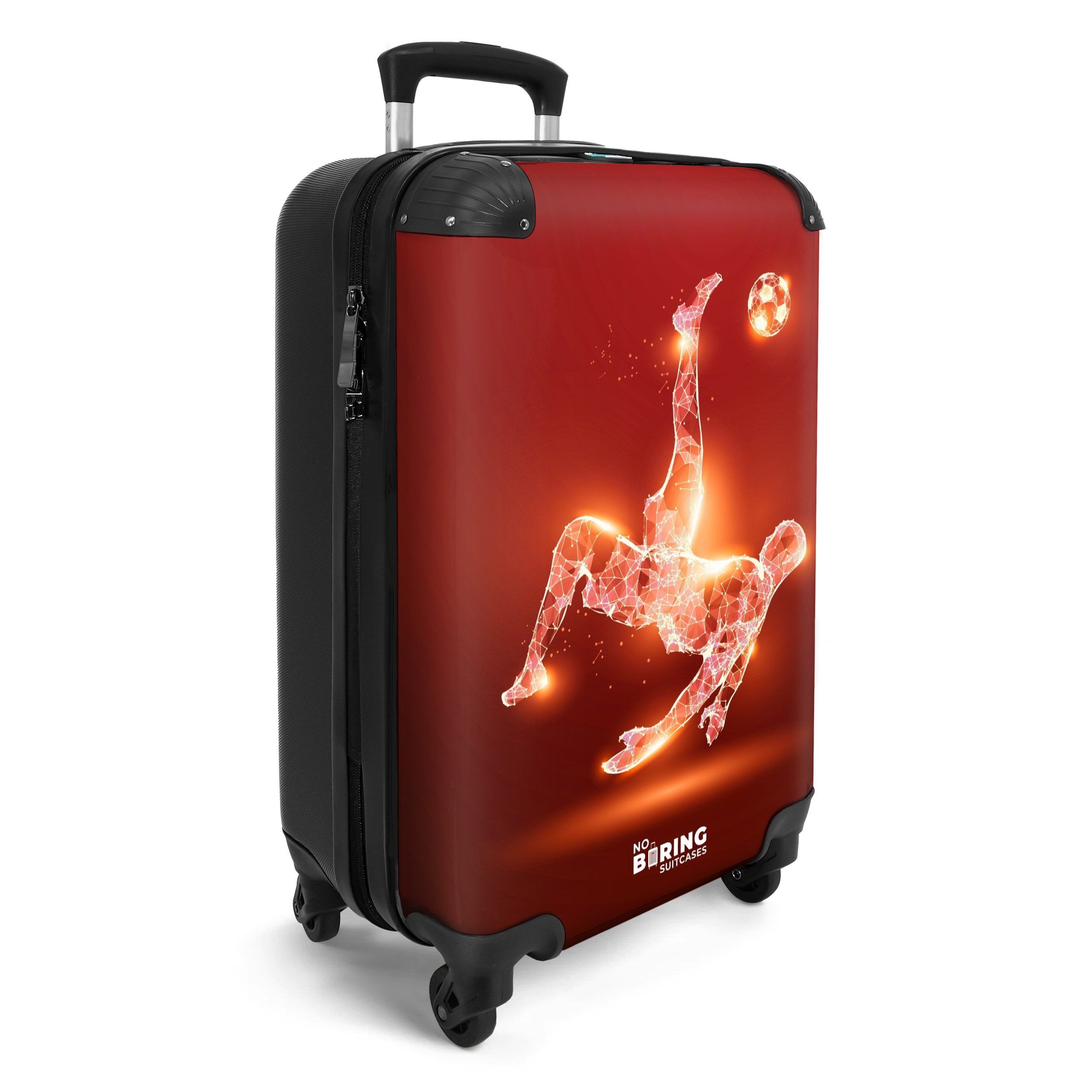 NoBoringSuitcases.com© Kinderkoffer Rot glühender Fußballer in Aktion 55x35x20cm, 4 Rollen, Handgepäck Koffer, Hartschalenkoffer Kinder, Reisekoffer Jungen
