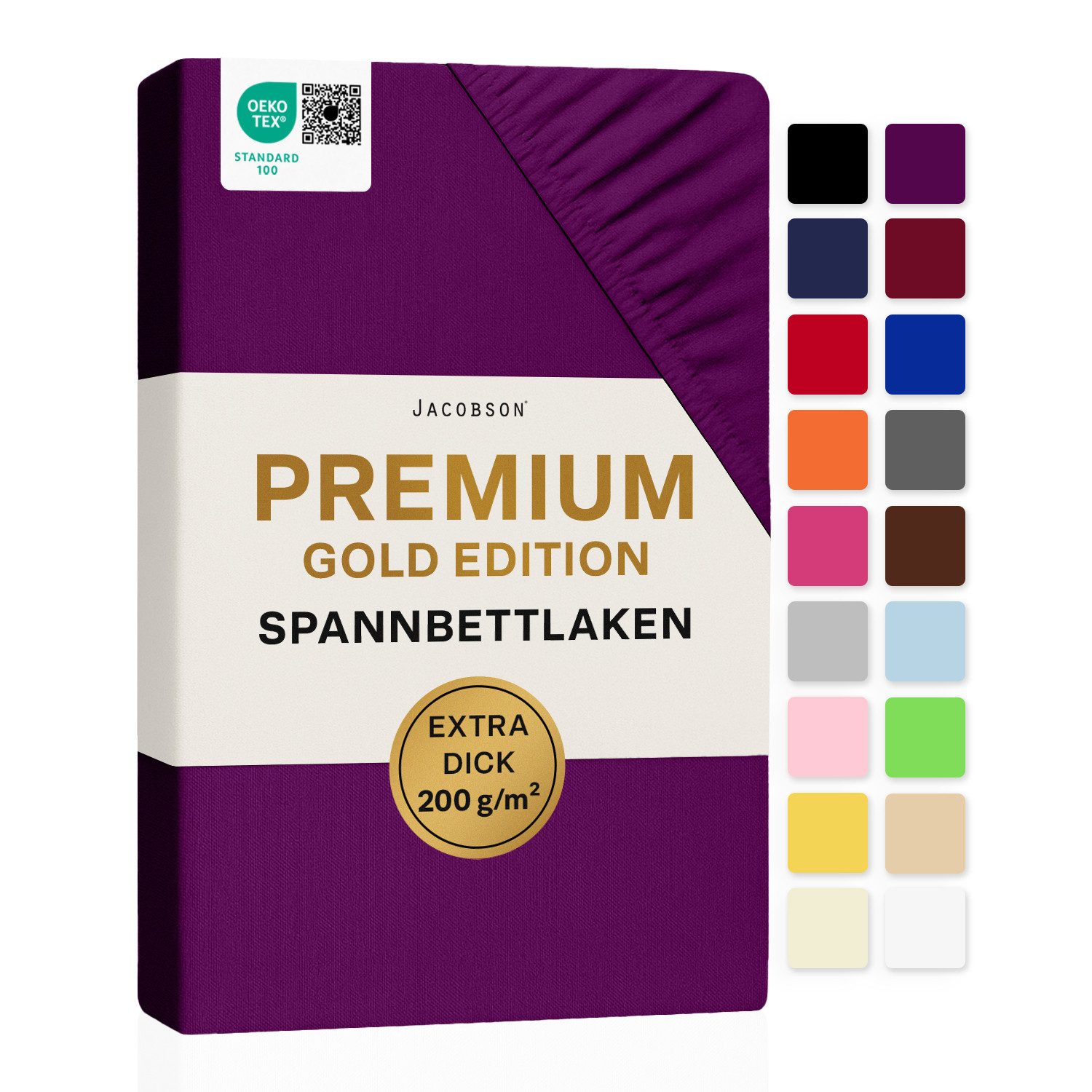 Jacobson Spannbettlaken PREMIUM 200 g/m² Jersey aus 97% Baumwolle & 3% Elasthan, Extra dichtes Bettlaken mit maximalem Halt