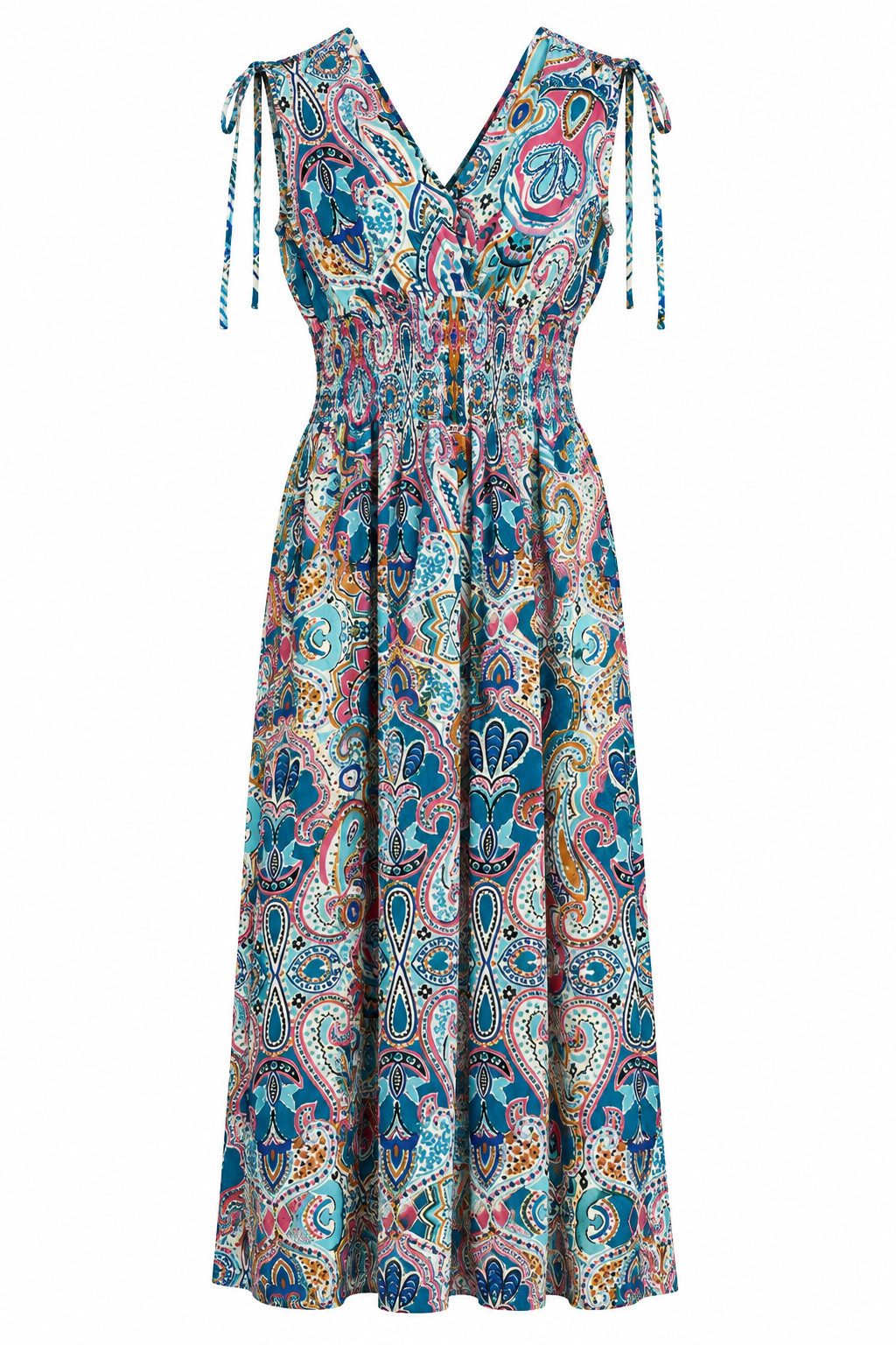 ITALY VIBES Sommerkleid - Paisley Viskosekleid mit Smokbund und V-Ausschnitt für Damen