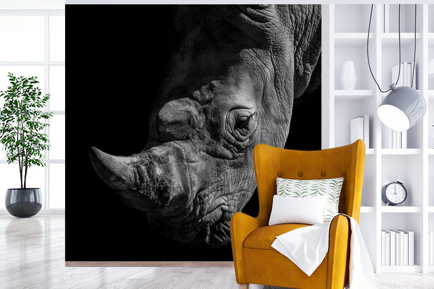 MuchoWow Fototapete St), für Weiß, Schwarz Matt, Vinyl - - Tapete (5 Wandtapete bedruckt, oder Tier Wohnzimmer - Rhinozeros Schlafzimmer