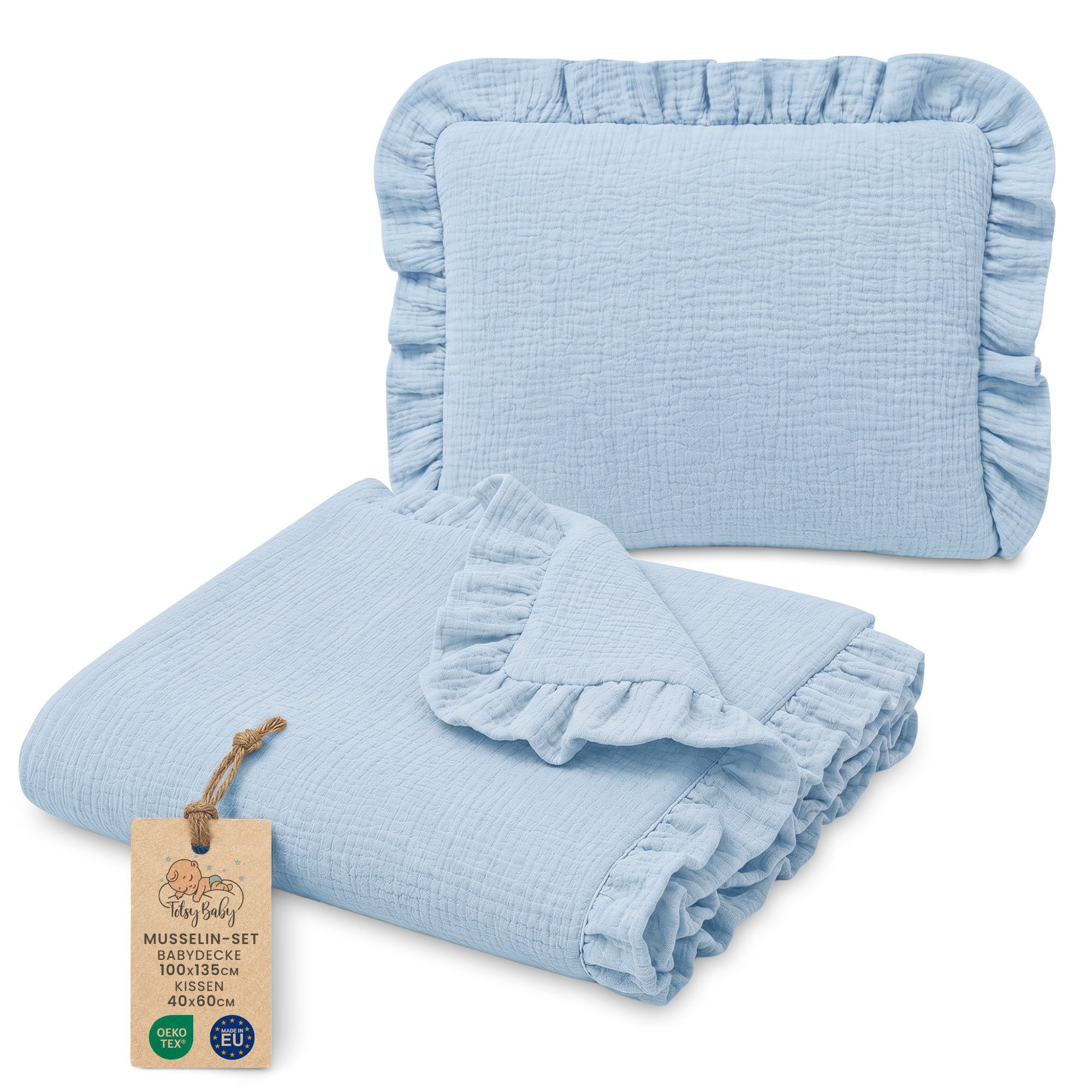 Babydecke Musselin Decke Baby Set 75x60 cm + Kissen 40x30 cm mit Rüschen, Totsy Baby
