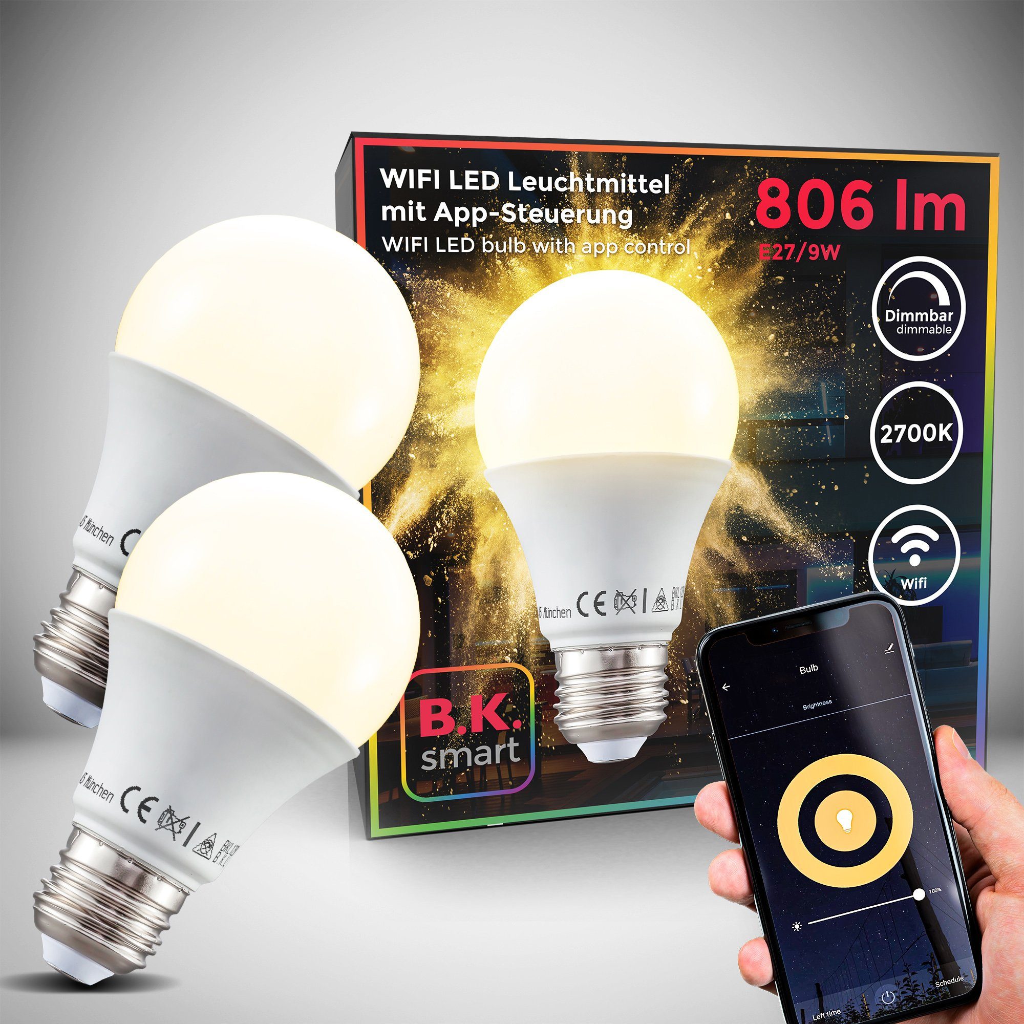 LED-Lampe, App-Steuerung, WiFi, LED-Leuchtmittel, Smart Home B.K.Licht dimmbar Warmweiß, E27, 2 St., RGB,