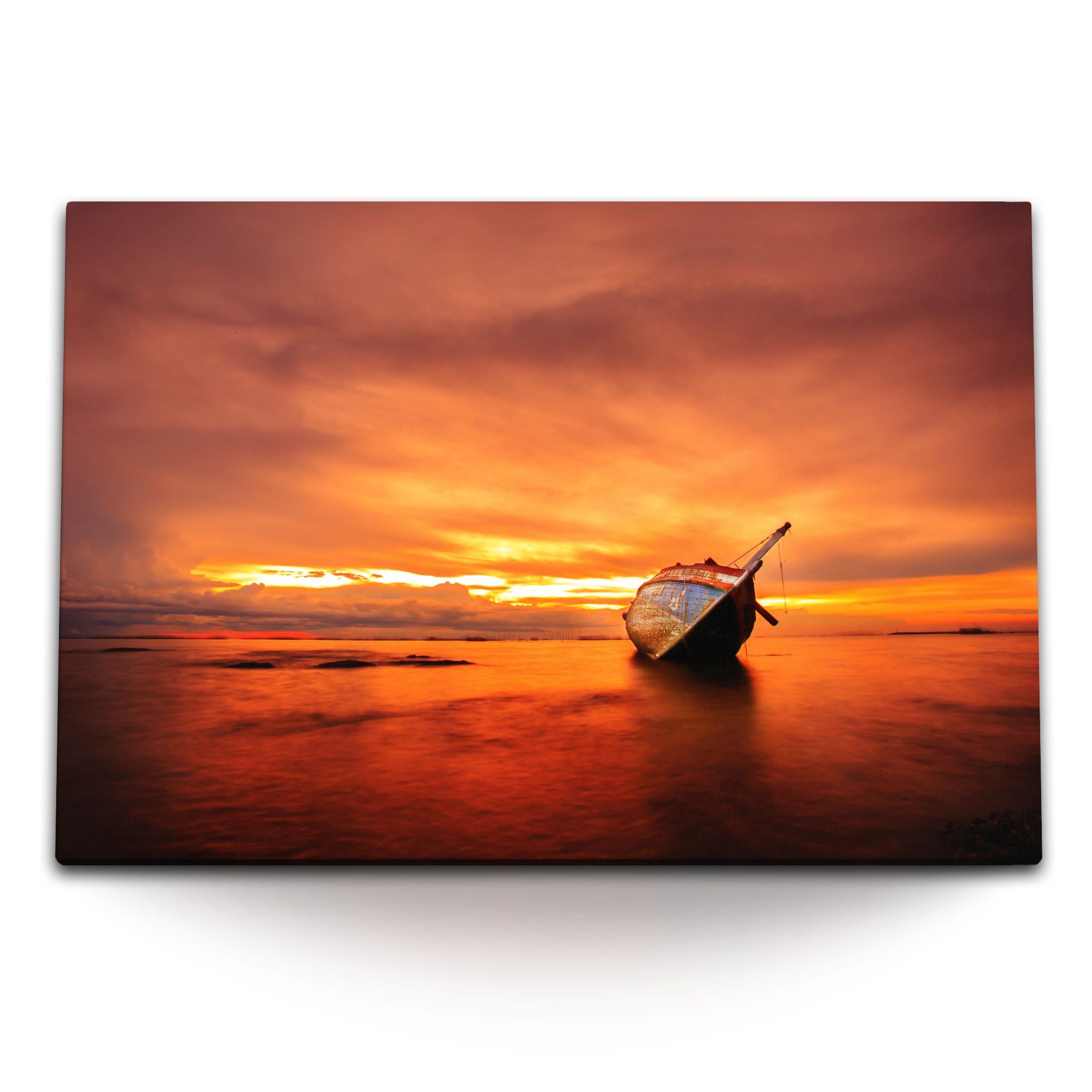 Leinwandbild 120x80cm Wandbild auf Leinwand Schiffsfrack Ebbe roter Himmel Meer Abe