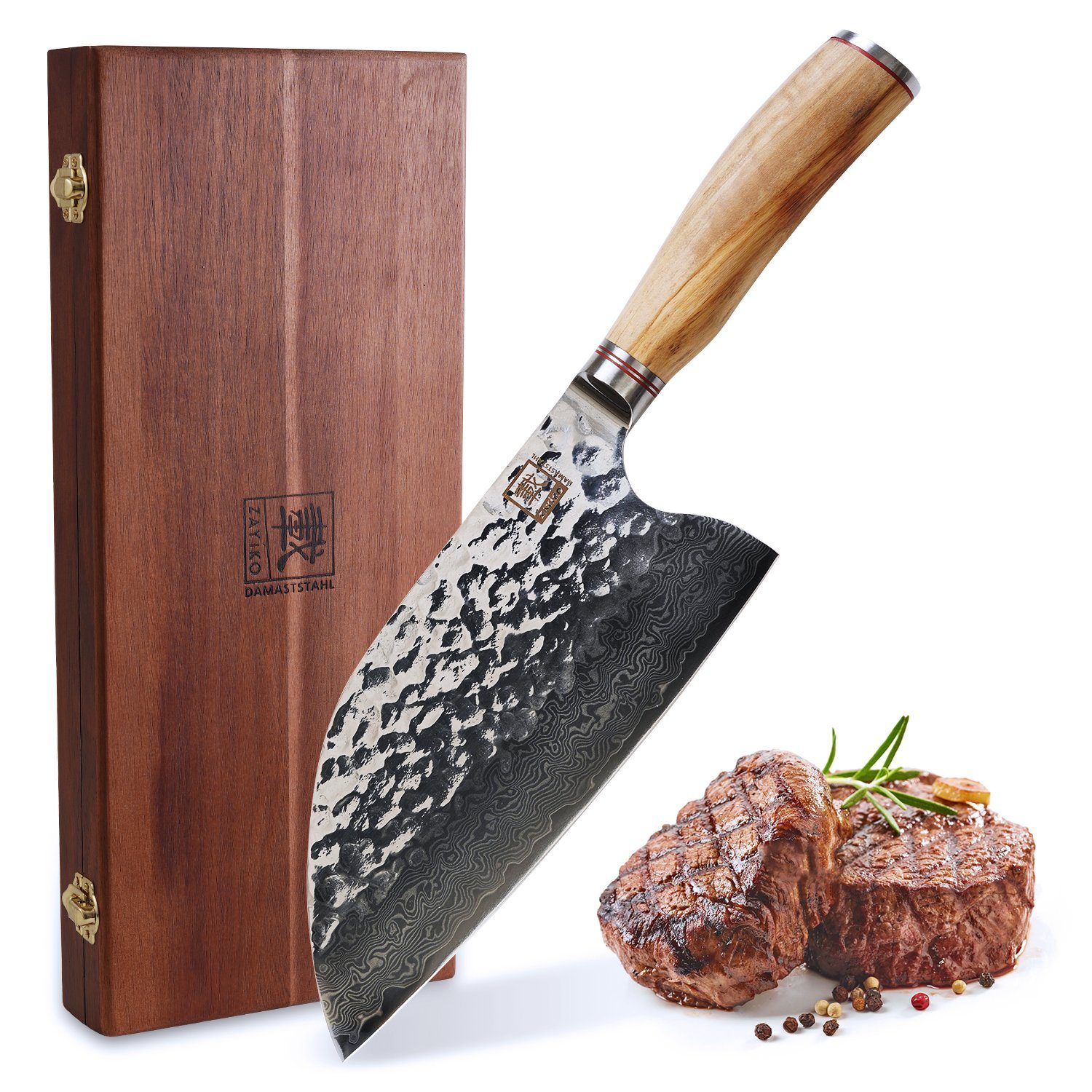 OTTO Asiamesser Minami Damast Kochmesser Chai Dao 20cm Klinge Olivenholzgriff Holzbox, Hammerschlag auf Klinge