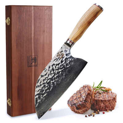 ZAYIKO Kochmesser Minami Damast Kochmesser Chai Dao 20cm Klinge Olivenholzgriff Holzbox, Hammerschlag auf Klinge