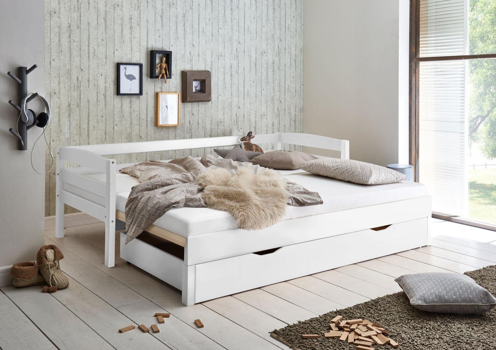 Relita Funktionsbett, mit Lattenrost, Bettschublade Buche weiß massiv auf cm 180x200 Auszug und lackiert