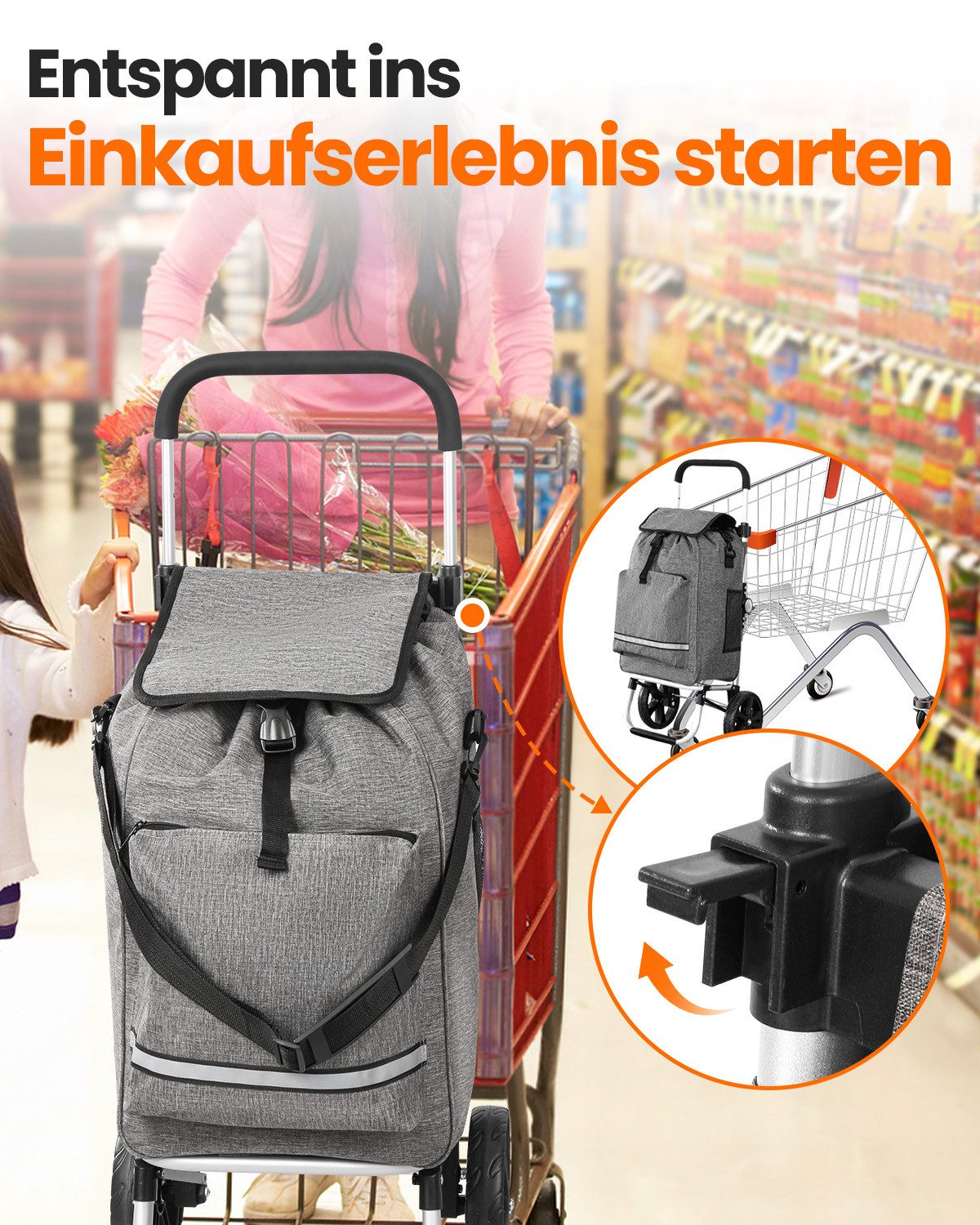HOMECALL Einkaufstrolley klappbar Einkaufswagen 3 in 1 Shopping Trolley Mit Kühltasche-55L, Bis 50KG mit 50L + 5L kühlfunktion Einkaufstasche mit Rollen – Bild 4 von 5