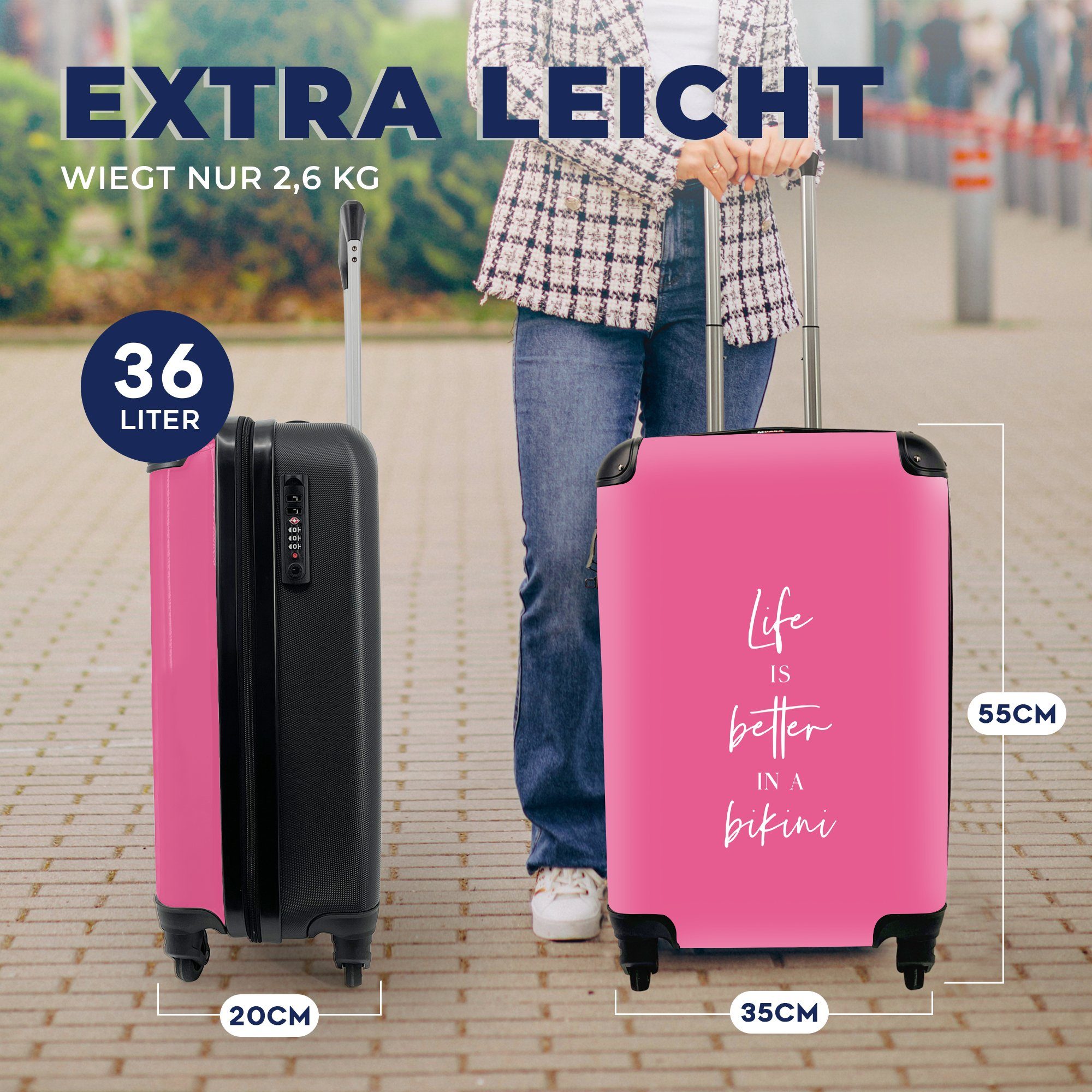 MuchoWow Handgepäckkoffer Das Leben 4 Reisetasche Pink, Rollen, Trolley, für Handgepäck im Reisekoffer rollen, ist mit Bikini - Ferien, - besser Zitat