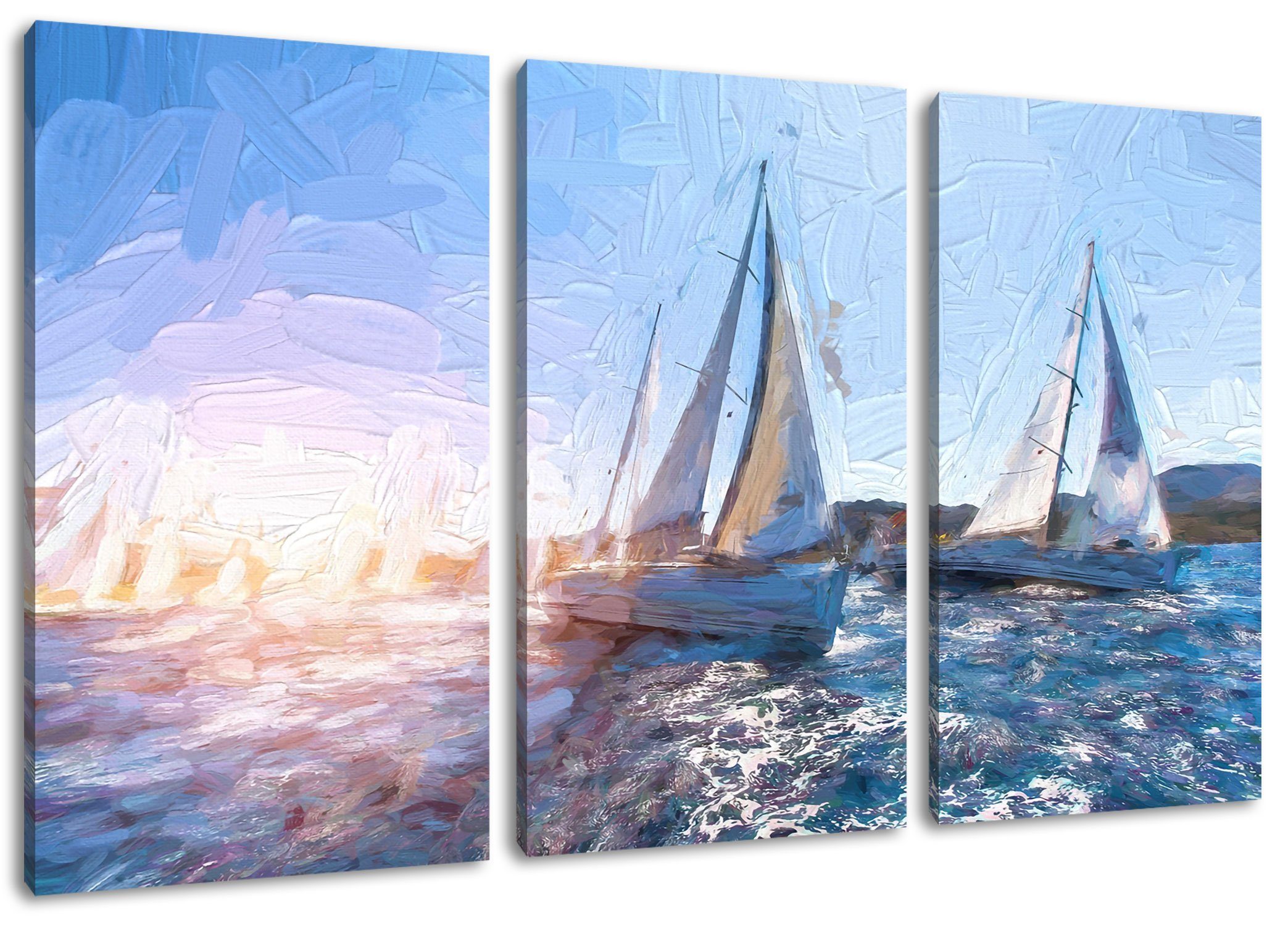 Luxusyachten bei fertig Pixxprint inkl. Segelregatta Segelregatta, bei Leinwandbild 3Teiler Leinwandbild Zackenaufhänger (120x80cm) Luxusyachten bespannt, (1 St),