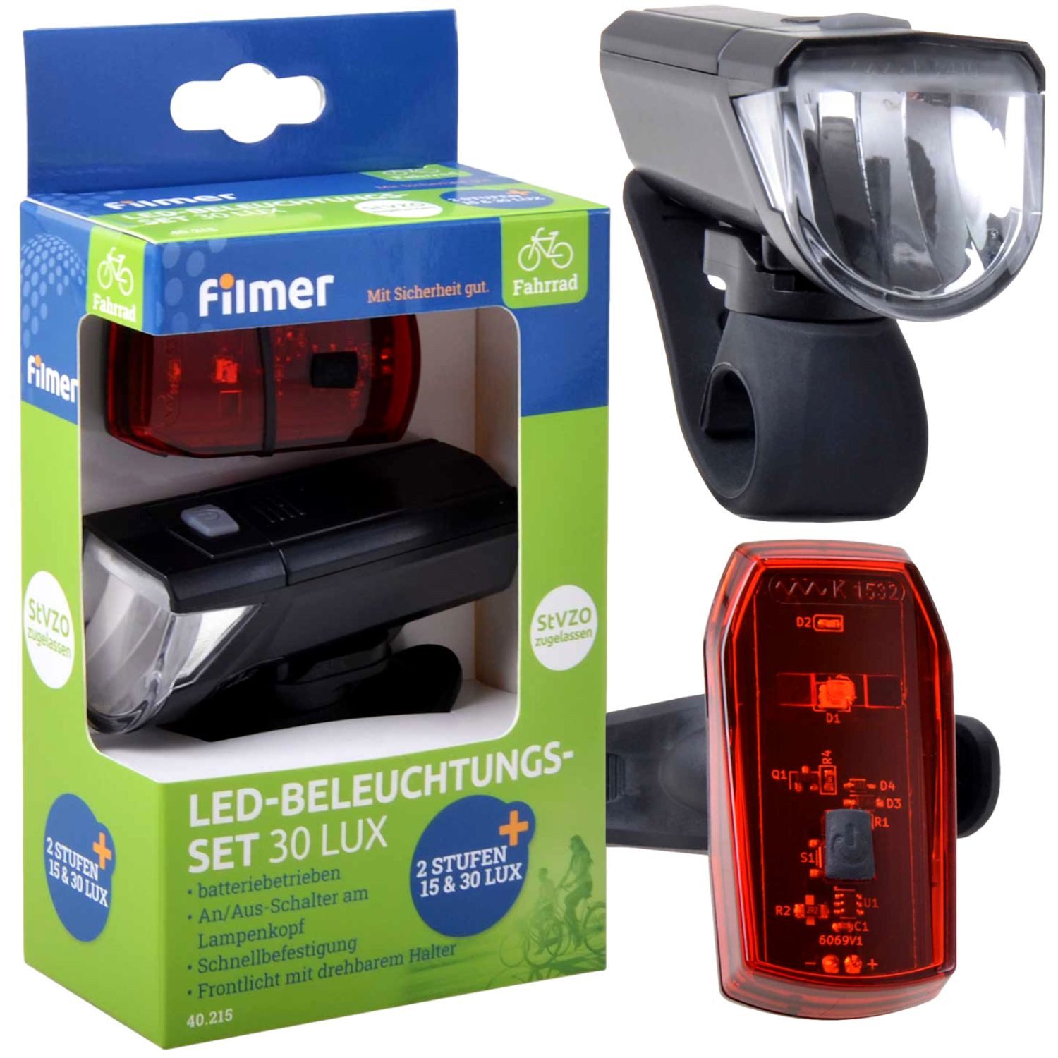 Filmer Fahrradbeleuchtung LED Fahrrad-Licht Set Beleuchtung 30 Lux Schwarz, Frontlampe 30 Lux / 15 Lux 2 Stufen Rücklicht StVZO zugelassen Halter