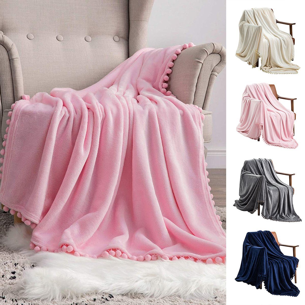 BTTO, Wohndecke warm Sofa Couch Flanell Pompoms Rose und Decken für Wohndecke Decke Kuscheldecke, Fleecedecke weich flauschig,