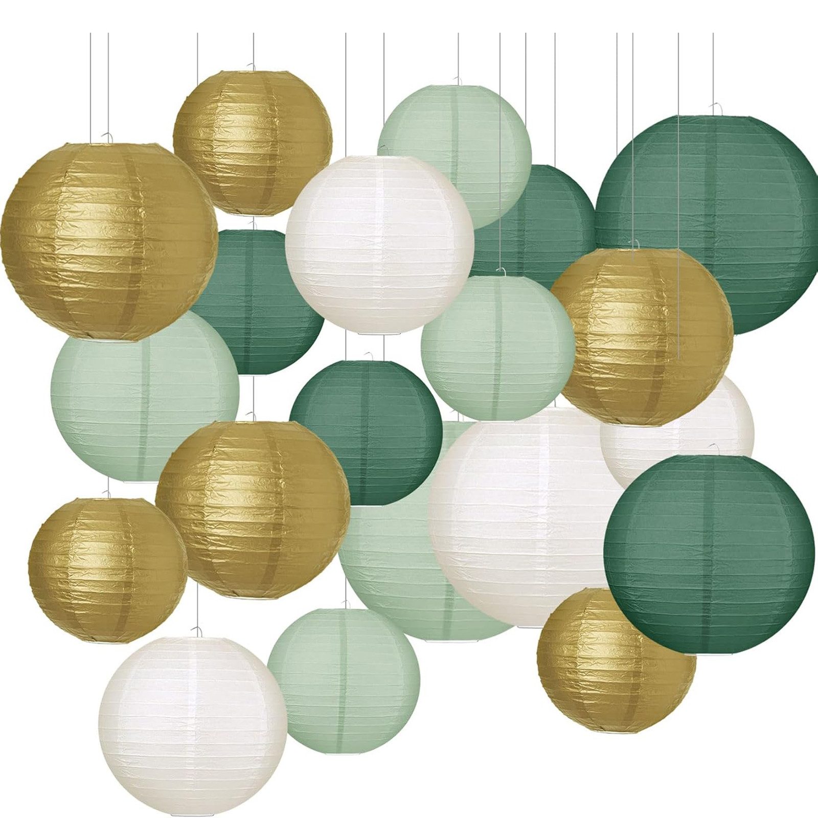 AIMAX Papierlaterne Grün Gold Weiß Lampion Lampe Laterne 20 Stück, Papierlaternen Lampenschirm, Wiederverwendbar, outdoor, party deko