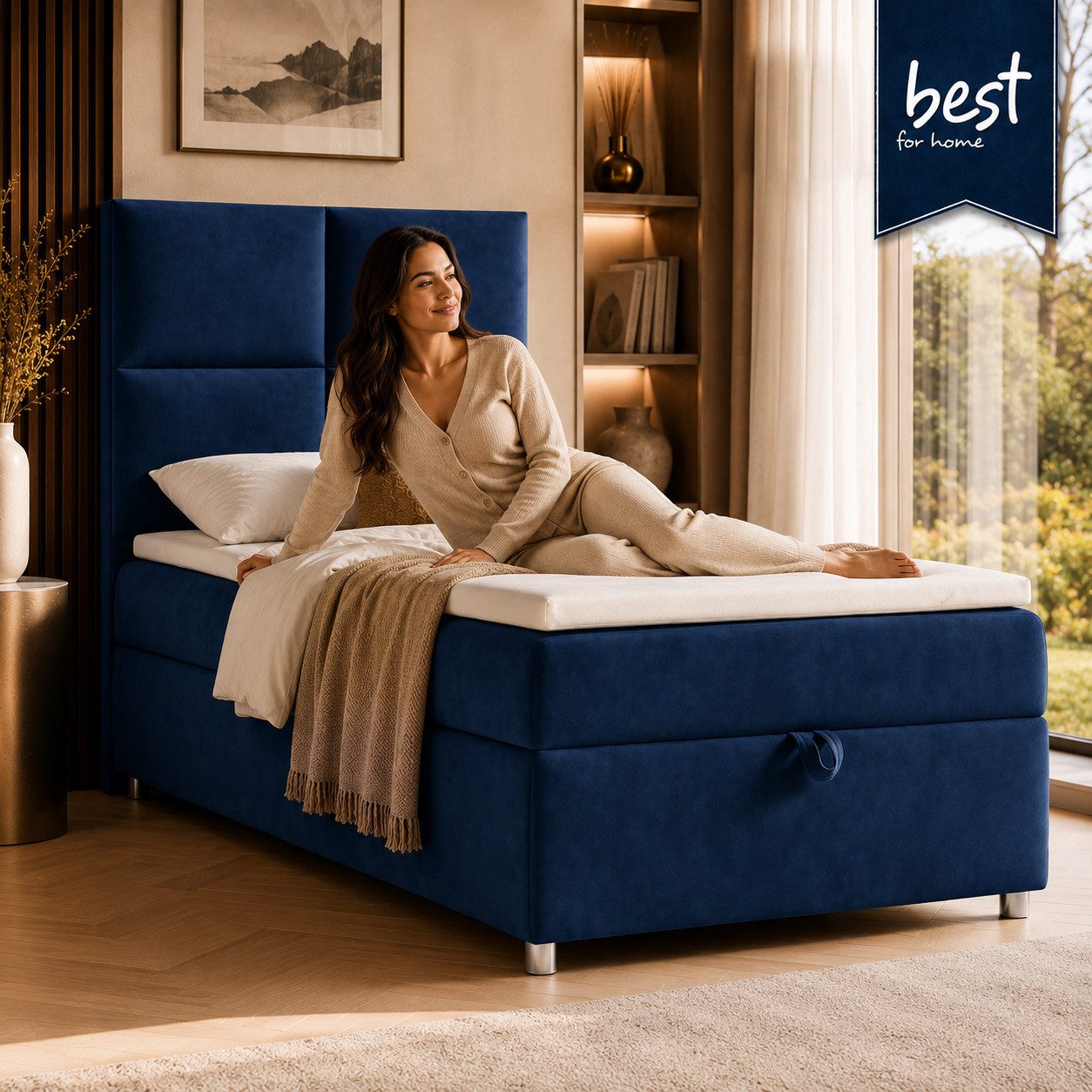 Best for Home Boxspringbett Trinity K-2 mit Bettkasten & Topper – Komfort & Stauraum (Einzelbett, Hotelbett, Polsterbett gepolstertes Kopfteil, Jugendbett, Kinderbett versch. Größen, 1-St., 70x200 80x200 90x200 100x200 cm), Einzel-Boxspringbett mit integriertem Stauraum, gepolstertem Kopfteil