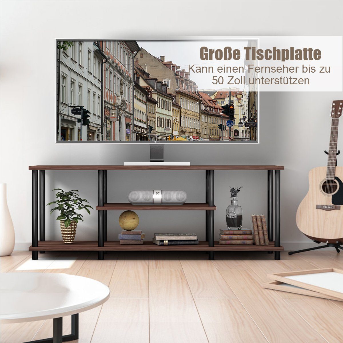 COSTWAY TV-Schrank 110cm Holz Kaffee breit, Fernsehschrank