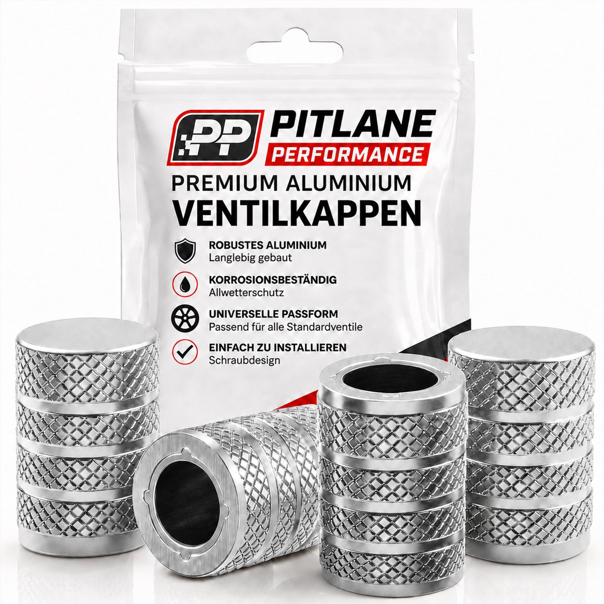 Pitlane Performance Ventilkappe Alu-Ventilkappen für Schrader-Ventile, (Ventilkappen-Set, 4-St., 4 Stück aus Aluminium), Korrosionsschutz und innenliegende Dichtung