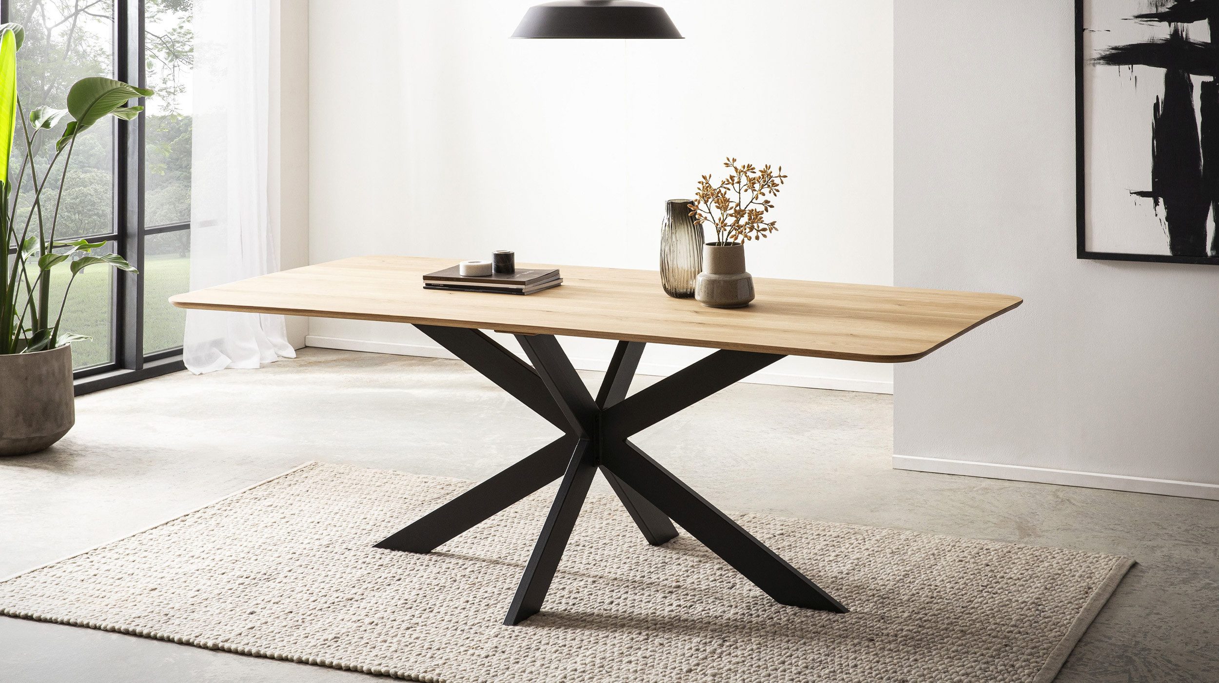 Massivart® Esstisch Eiche massiv / geölt / 180 × 100 cm / Schweizer Kante / MARKUS, Metallgestell schwarz · handgefertigtes Unikat · Industrial-Look