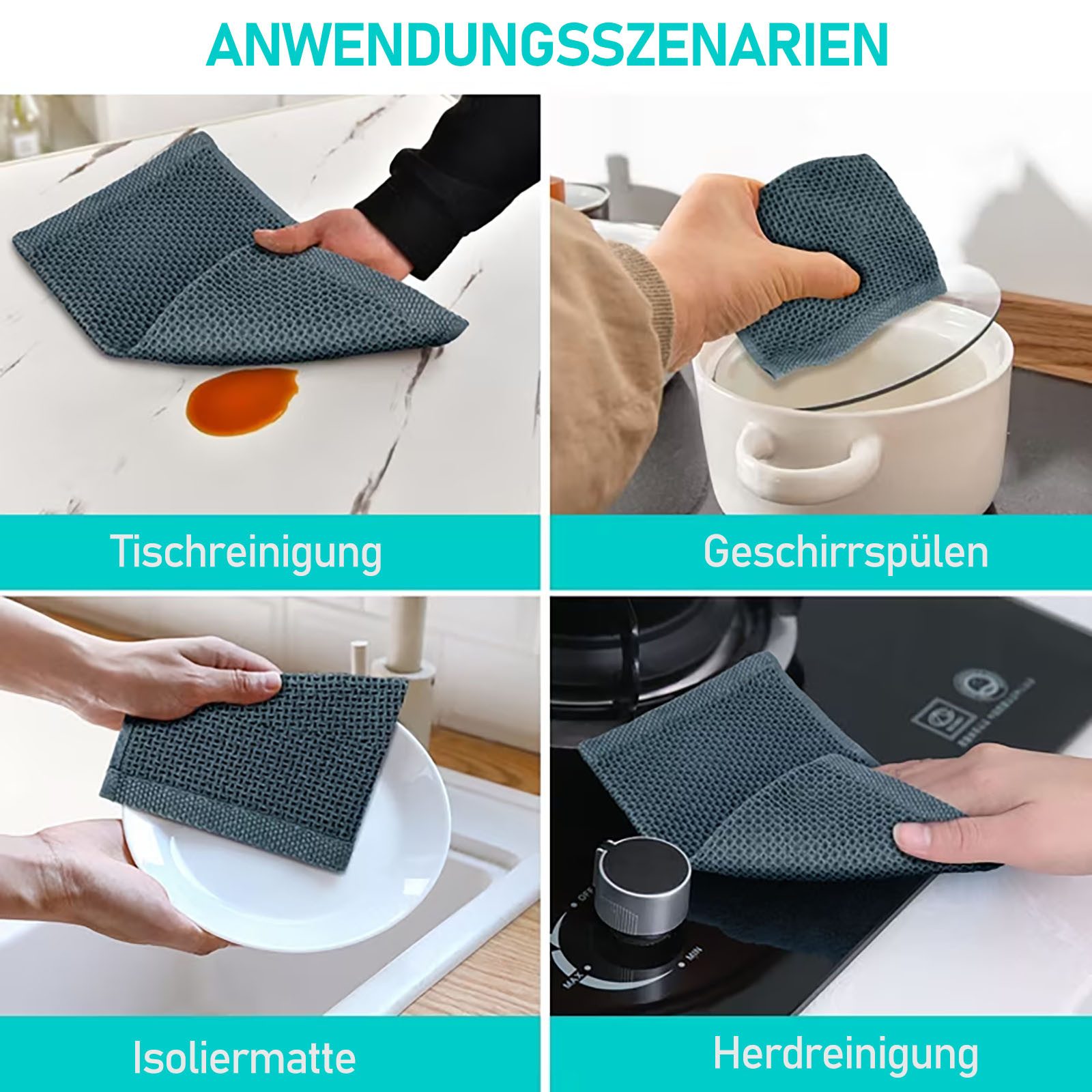 HUGERSTONE Topflappen Topfhandschuhe Hitzebestaendig bis 260°C, Rutschfeste Backhandschuhe, (Set, 8-tlg, 2 x Ofenhandschuhe + 2 x Topflappen + 4 x Geschirrtuch), Verlängern Kochhandschuhe, Topflappen Set für Backen, Küche und Kochen