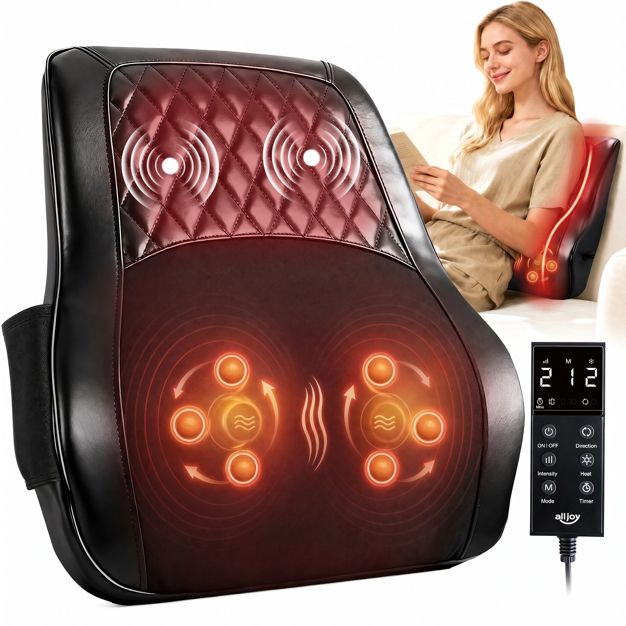 ALLJOY Massagegerät 5D-Shiatsu-Massagekissen & Nackenmassagegerät mit Wärme für Rücken, 4 Modi,3 Intensitäts- und Temperaturstufen,Fernbedienung, Hitzeschutz