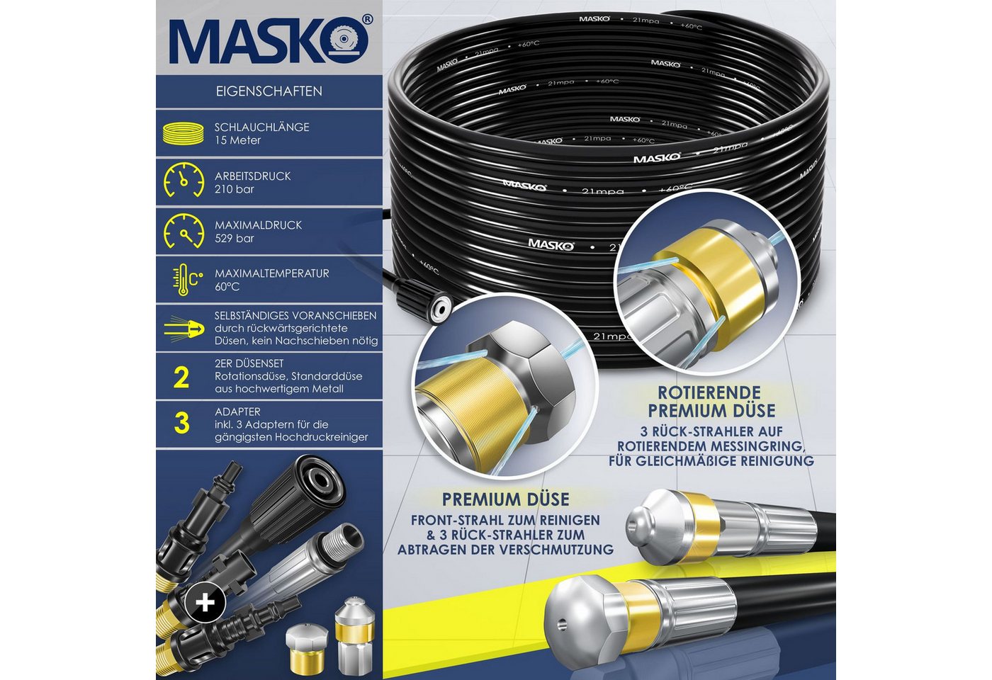 Thumbnail - MASKO Hochdruckschlauch, Premium Rohrreinigungsschlauch Set Abflussreiniger 200 bar