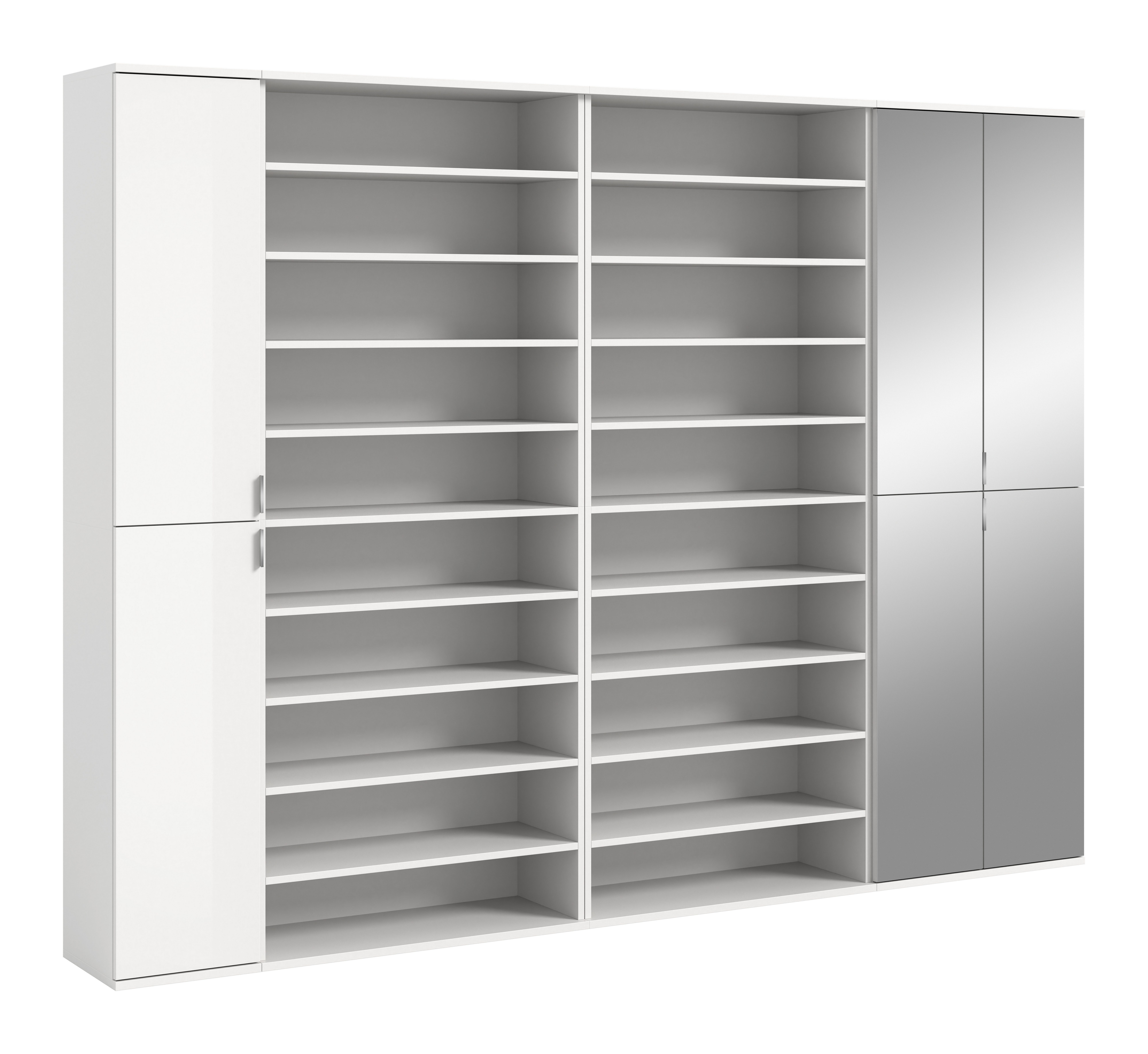 furnling Garderoben-Set Professor, (4-St., bestehend aus Hochschrank, 2 Schuhregale, Spiegelschrank), Garderobenmöbel, Hochglanz Front, Spiegelfläche, Breite 232 cm