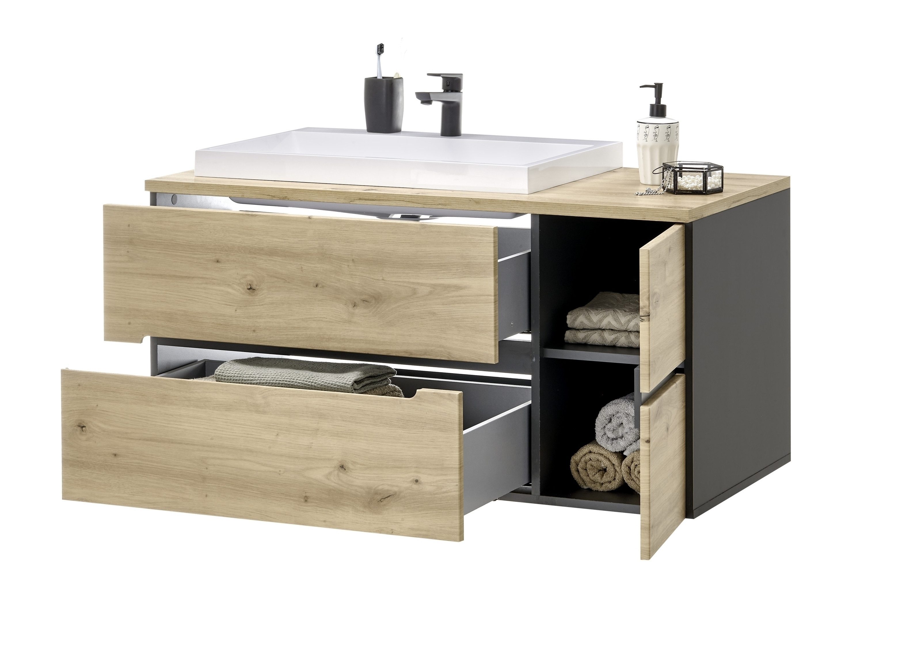 PREISBRECHER Waschbeckenunterschrank Memphis Grau / Artisan Eiche Dekor - 110x54x53cm (BxHxT)