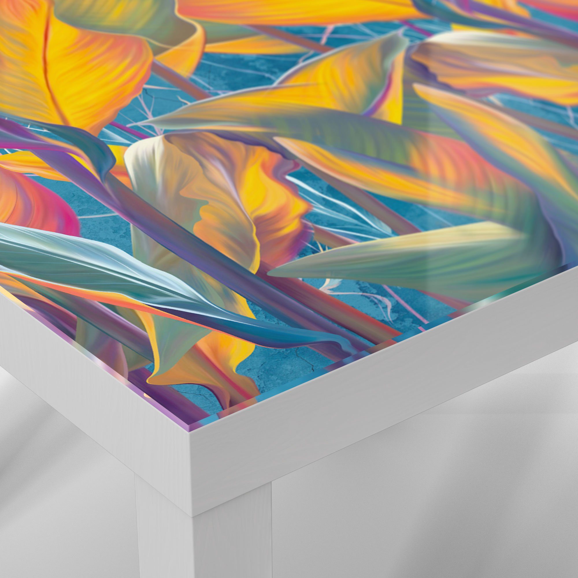 Glas 'Exotisches modern Couchtisch Blättermeer', Glastisch Beistelltisch DEQORI Weiß