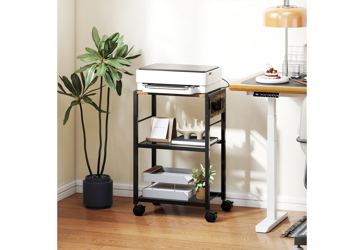 HOMCOM Aktenschrank Druckertisch mit 3 Ebenen Steckdosen Rollen Organizer (Druckeregal, 1-St., Druckerständer) bis 40 kg, für Büro Arbeitszimmer 42 x 28 x 64,5 cm Rustikalbraun