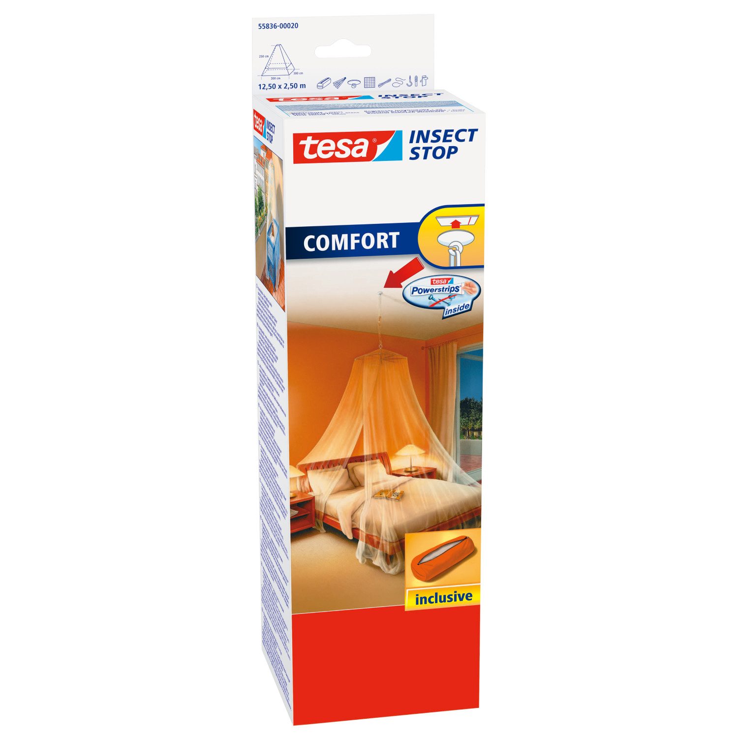tesa Fliegengitter-Gewebe tesa Moskitonetz Insect Stop COMFORT für Betten, weiß, (Packung, 1-St., 1 x Moskitonetz, 1 x Deckenhaken, 2 x Powerstrips, 1 x Tragetasche), Montage ohne Bohren
