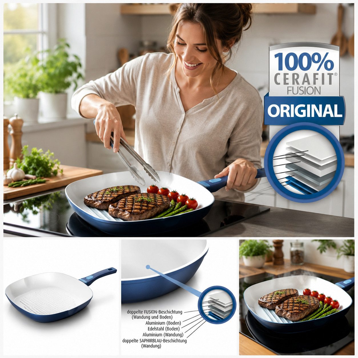 Genius Grillpfanne Genius - Cerafit Fusion Grillpfanne Ø28 Blau Keramik-Pfanne, Edelstahl
