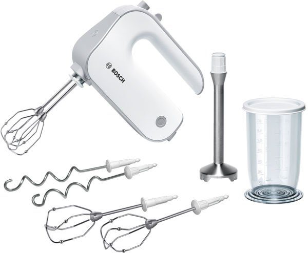 BOSCH Handmixer Styline MFQ4075DE, 2x Rührbesen, Knethaken Edelst., Mixfuß, weiß, 550 W, 5 Stufen, Turbotaste, Mixbecher, Made in Europe