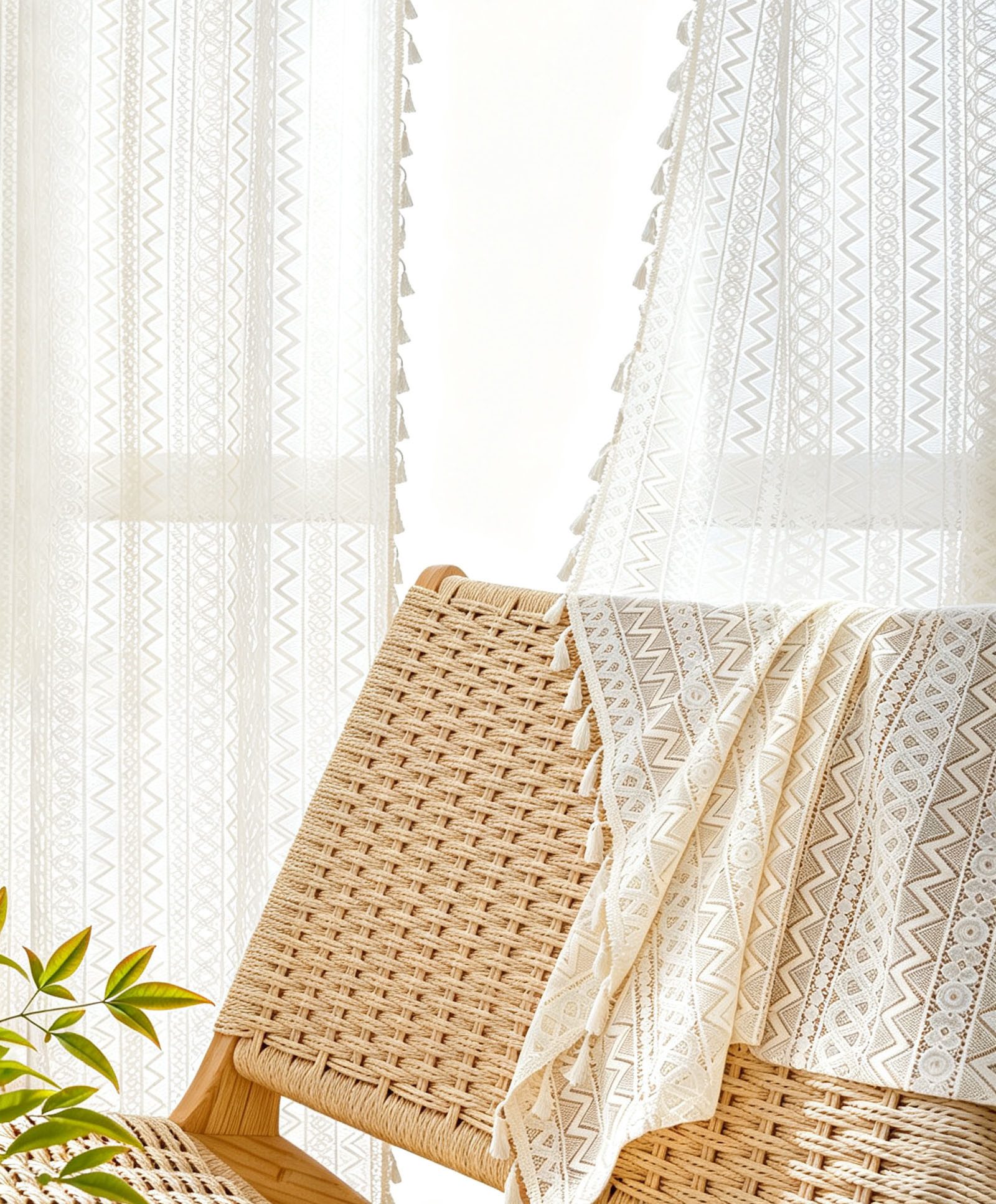 Diwzbyn Gardine Boho-Fransen-Vorhang, Vintage-Häkelspitzen-Gardine, Wellenförmiger Ösenvorhang aus Voile für Wohnzimmer und Schlafzimmer