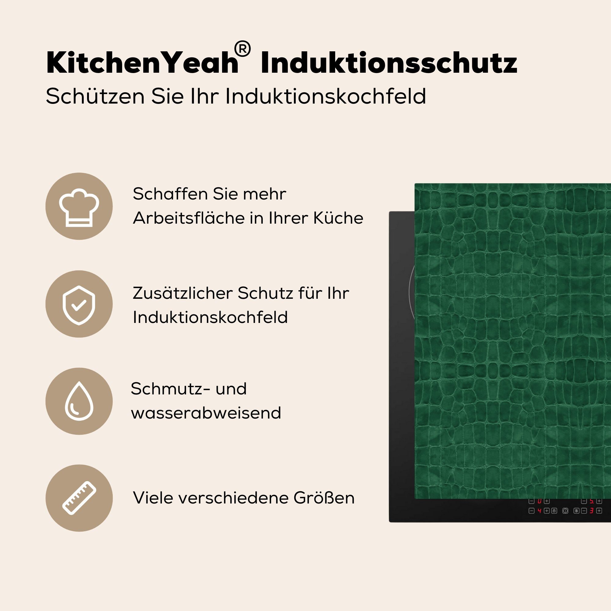 MuchoWow Induktionskochfeld für Ceranfeldabdeckung küche, 81x52 die Induktionsschutz Vinyl, Leder Schutz (1 Herdblende-/Abdeckplatte cm, Grün Tierfell, - tlg), - -