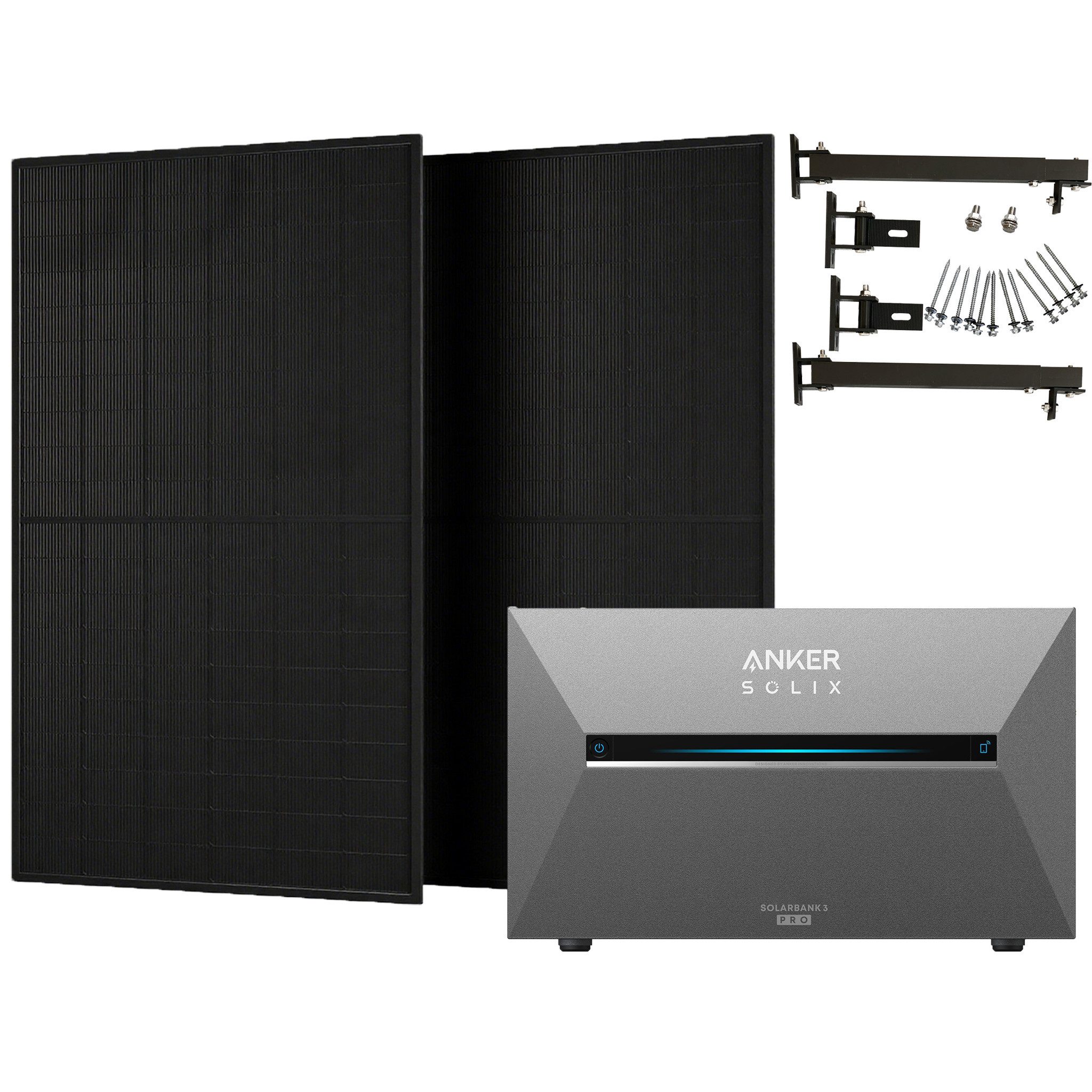Anker Balkonkraftwerk Solix 1000W Photovoltaikanlage Komplettset mit Solarbank E2700 3 Pro, Monokristallin, (Set, 2-St., 2*500W Solarmodule + Anker Solarbank 3 pro + ohne/mit Halterung), IP65, Plug und Play