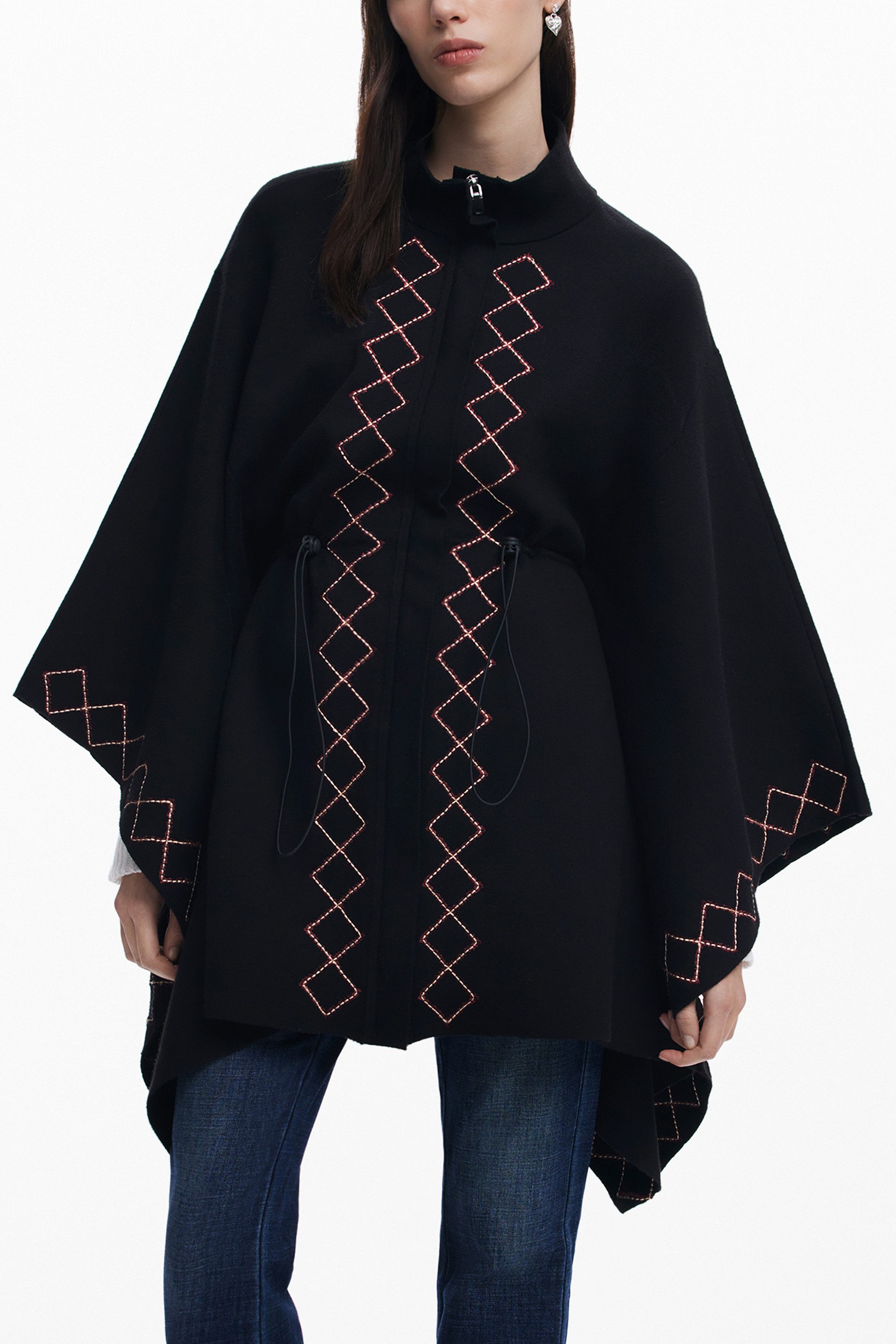 Desigual Strickpullover Eleganter Damenponcho in Schwarz mit Stickerei und günstig online kaufen