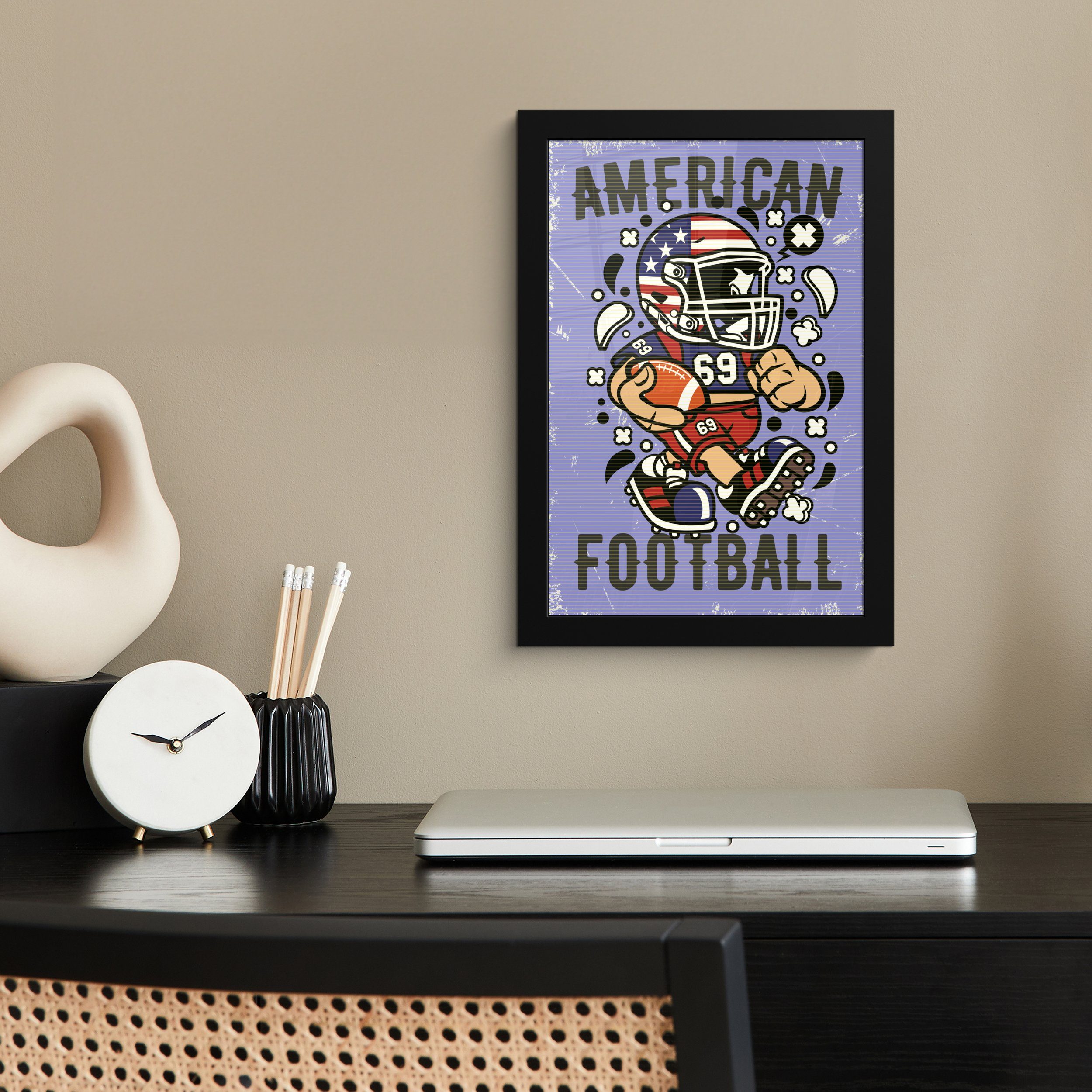 MuchoWow Poster American Football - Lila - Vintage, (1 St), Gerahmtes Poster, Wanddeko, Bilder, Wandposter, Schwarzem Bilderrahmen
