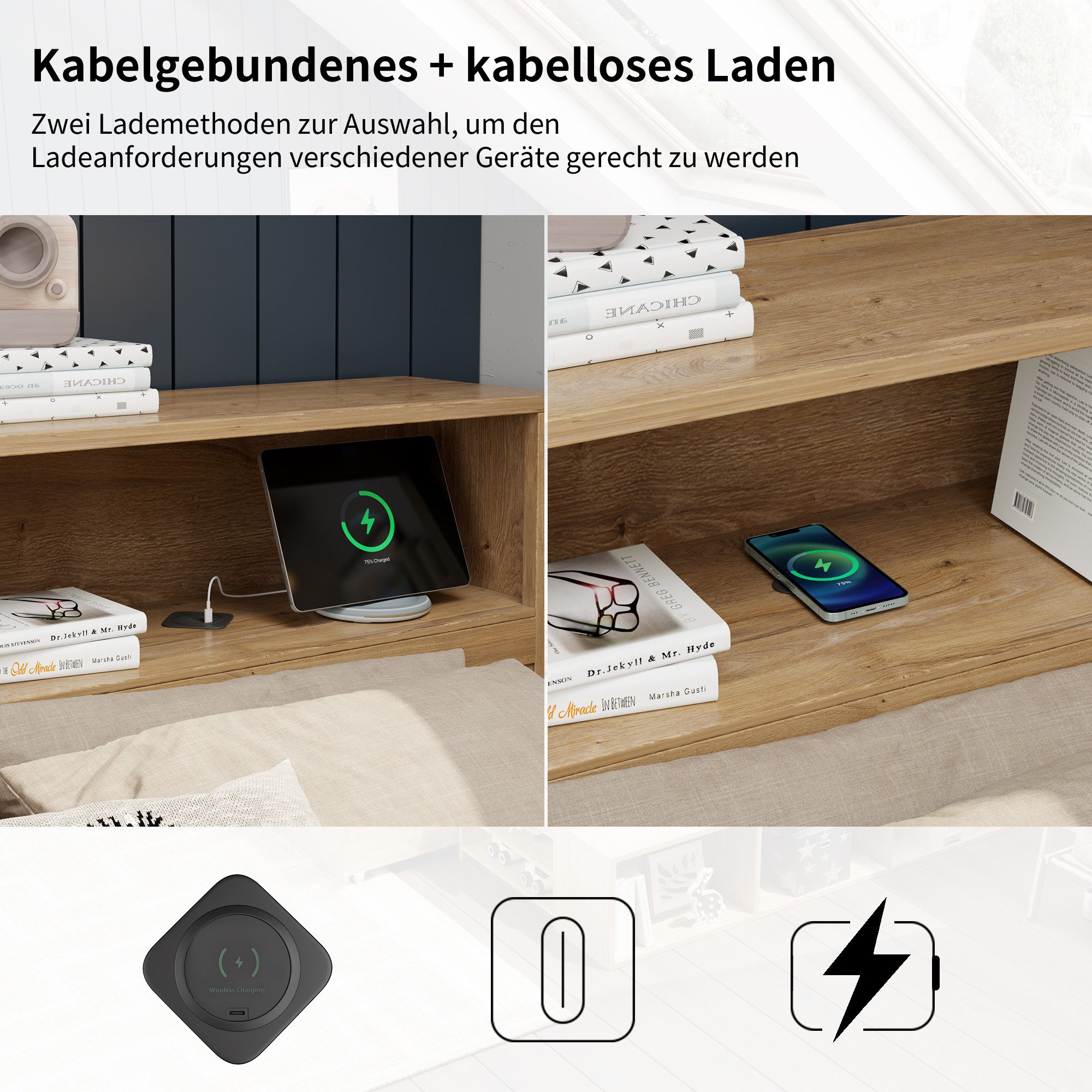 Flieks Massivholzbett, Kinderbett 90x200cm mit Ladefunktion Schublade ausziehbarem Nachttisch