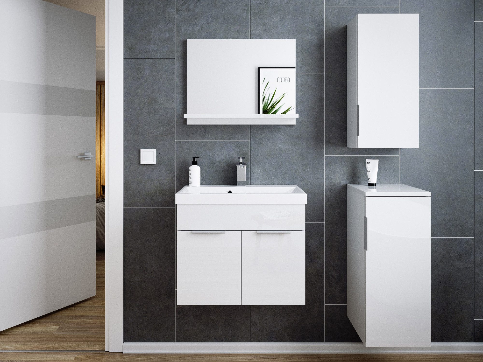 Magnolia Home Badmöbel-Set Badmöbel-Set Slimline Vega 4tlg Spiegel & Midischränke weiss hgl/weiss, Soft-Close